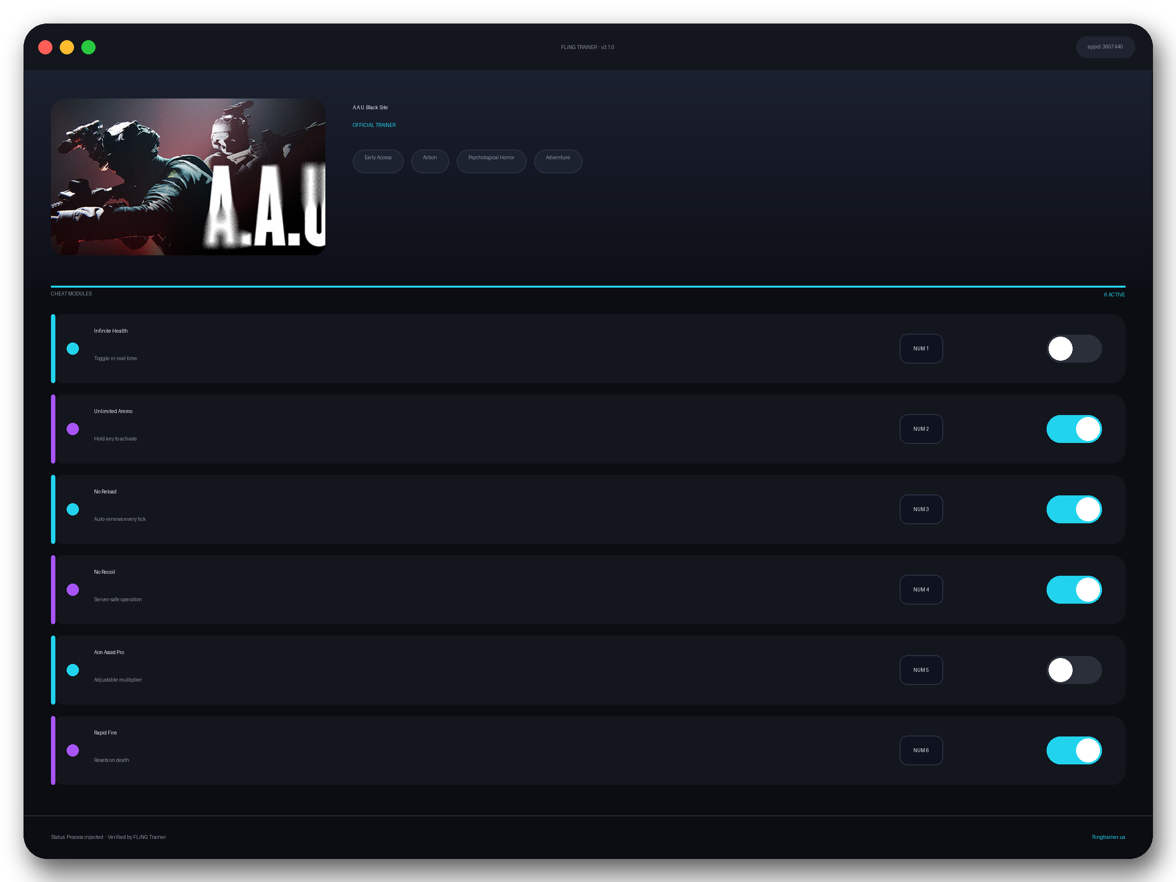 A.A.U. Black Site Trainer interface
