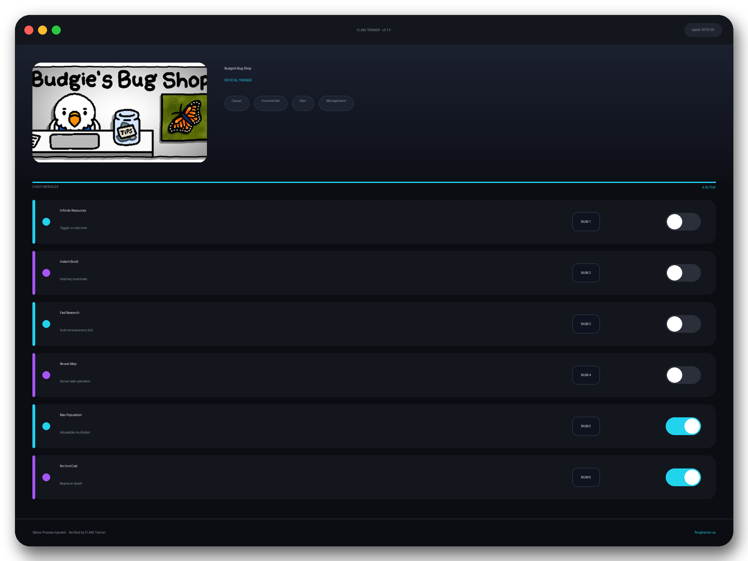 Budgie's Bug Shop Trainer interface