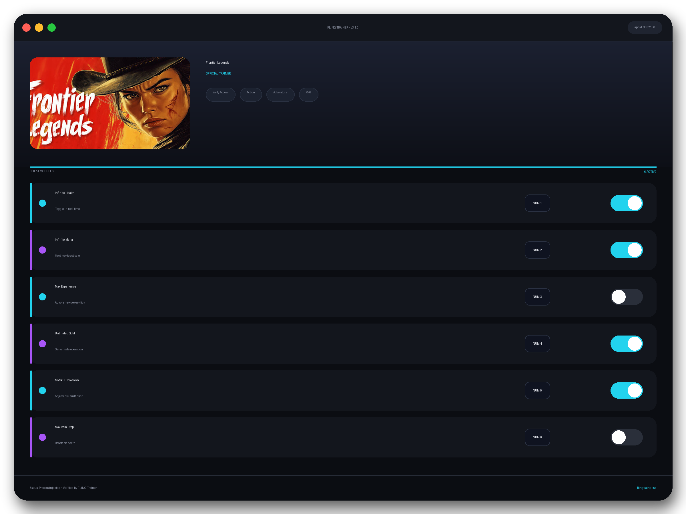 Frontier Legends Trainer interface