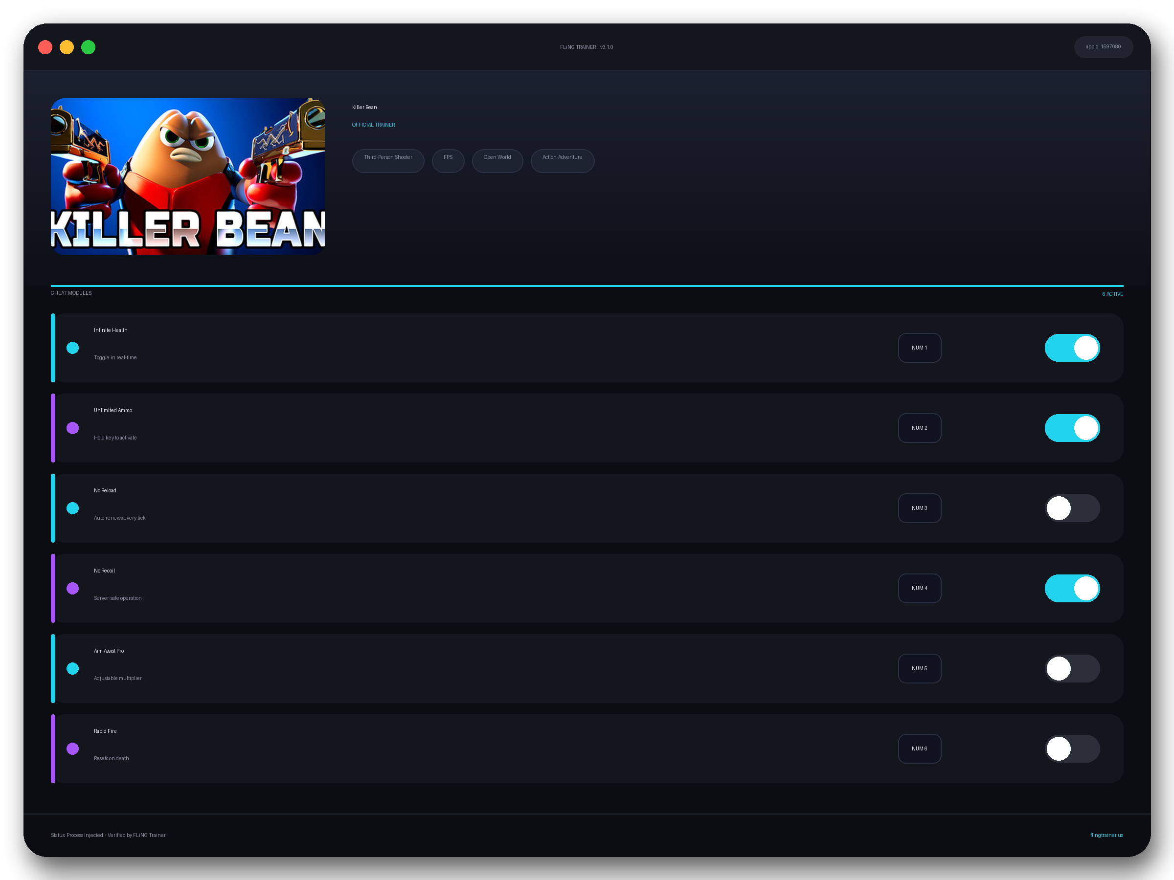 Killer Bean Trainer interface