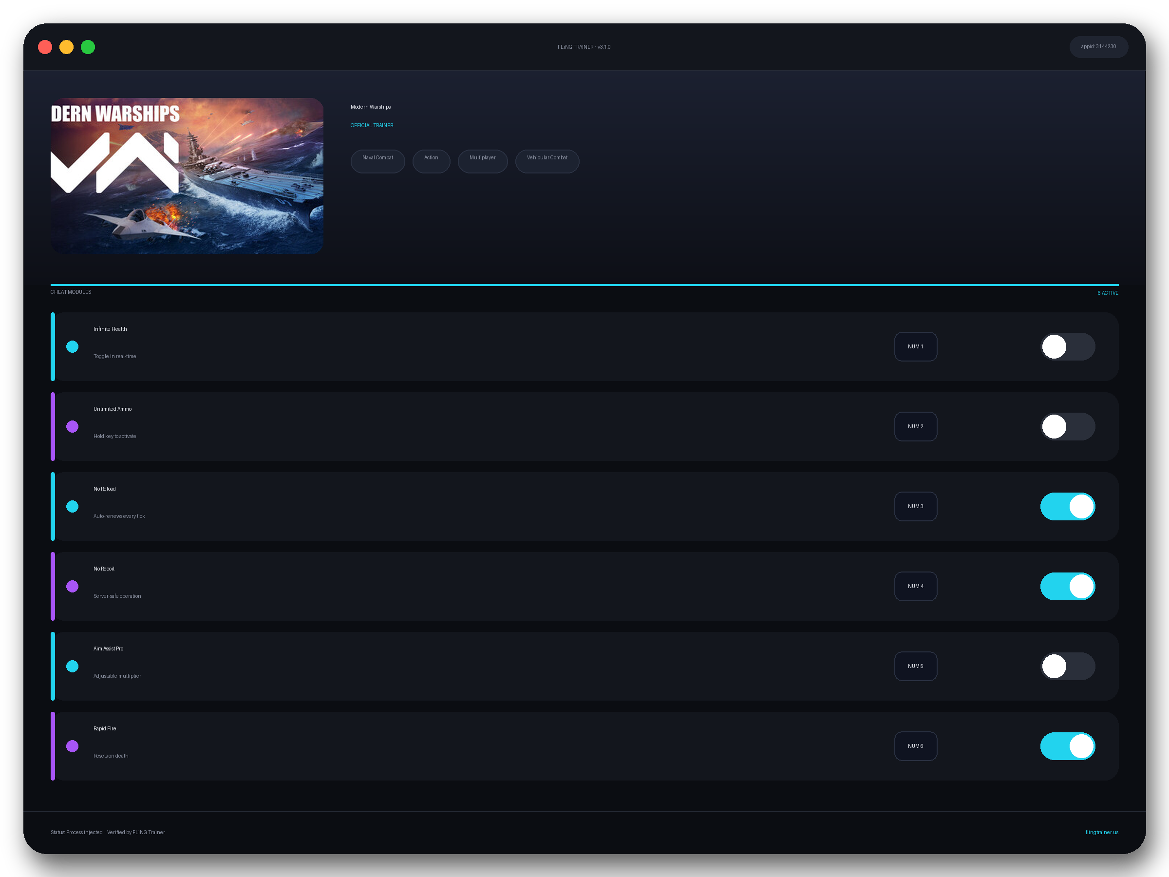 Modern Warships Trainer interface
