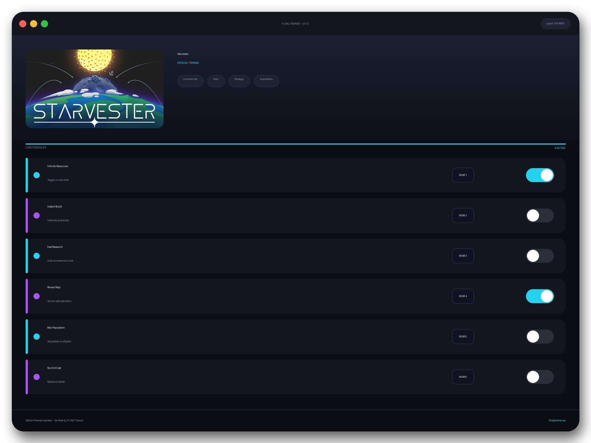 Starvester Trainer interface