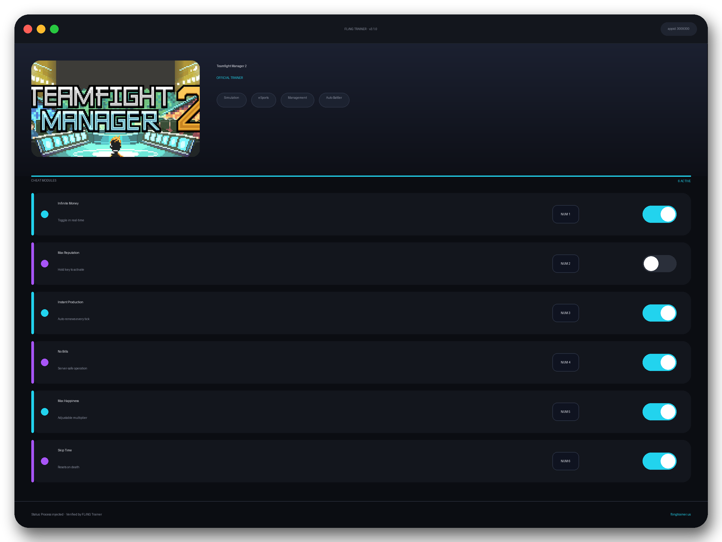 Teamfight Manager 2 Trainer interface