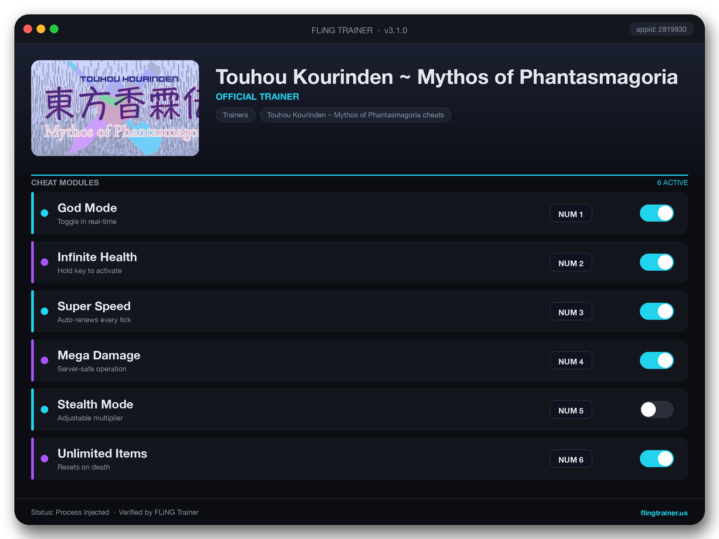 Touhou Kourinden ~ Mythos of Phantasmagoria Trainer interface
