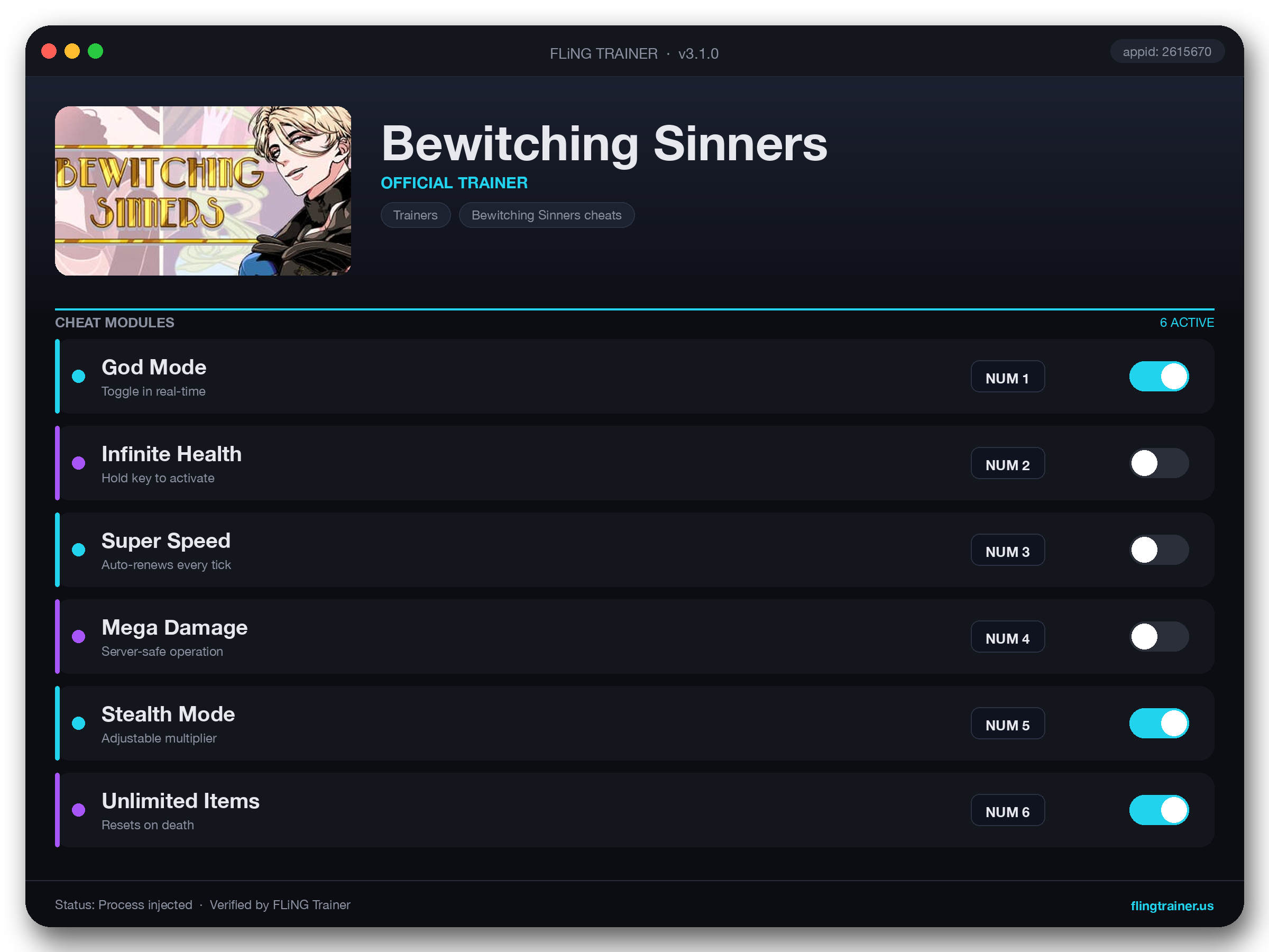 Bewitching Sinners Trainer interface