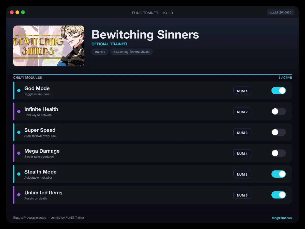 Bewitching Sinners Trainer interface