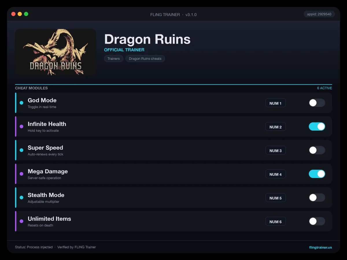 Dragon Ruins Trainer interface