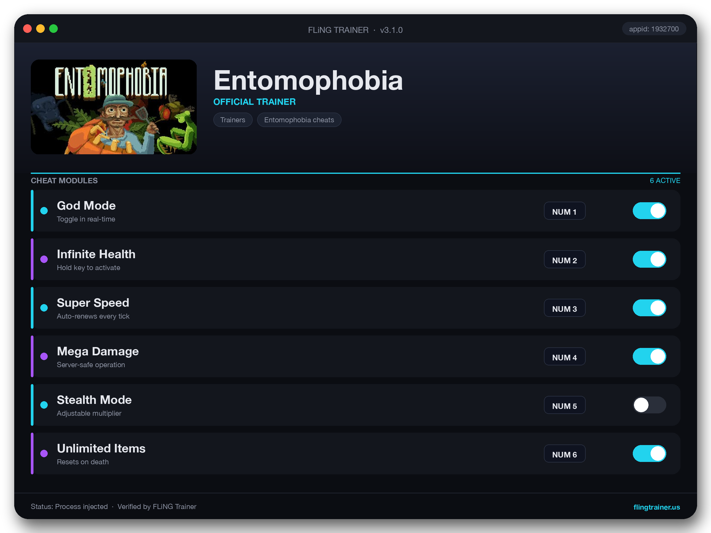 Entomophobia Trainer interface