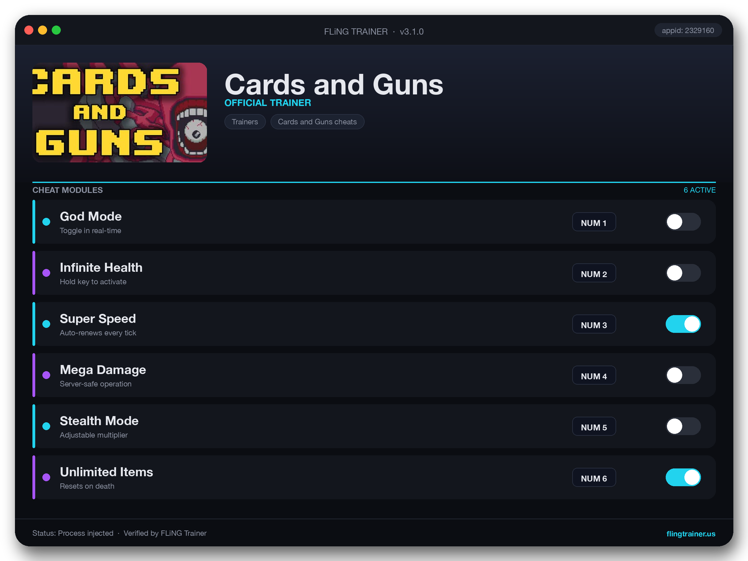 Cards and Guns Trainer interface