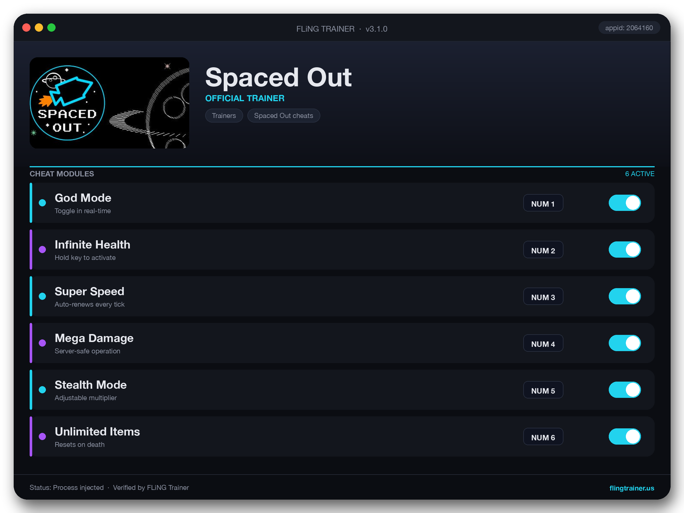 Spaced Out Trainer interface