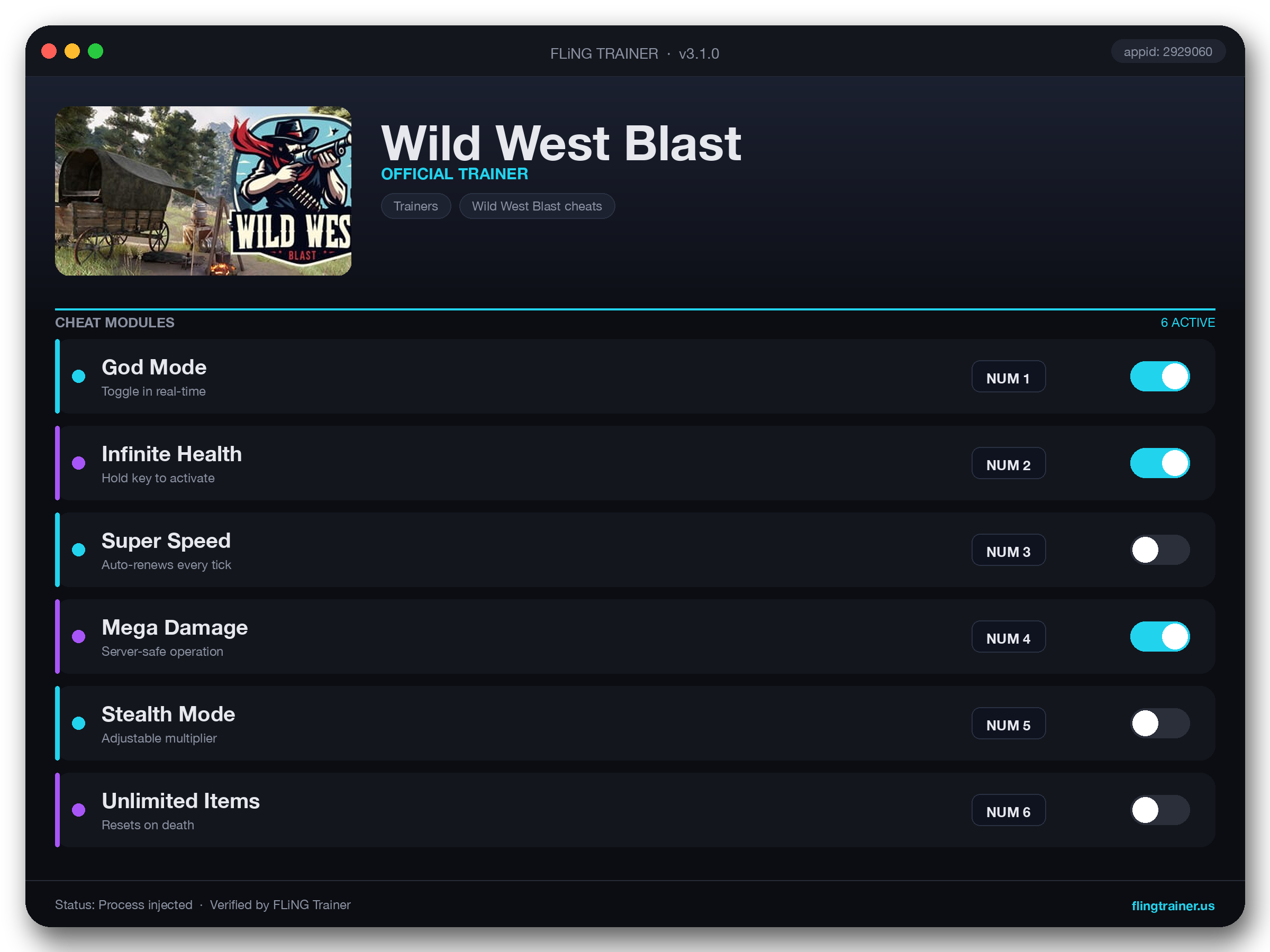 Wild West Blast Trainer interface