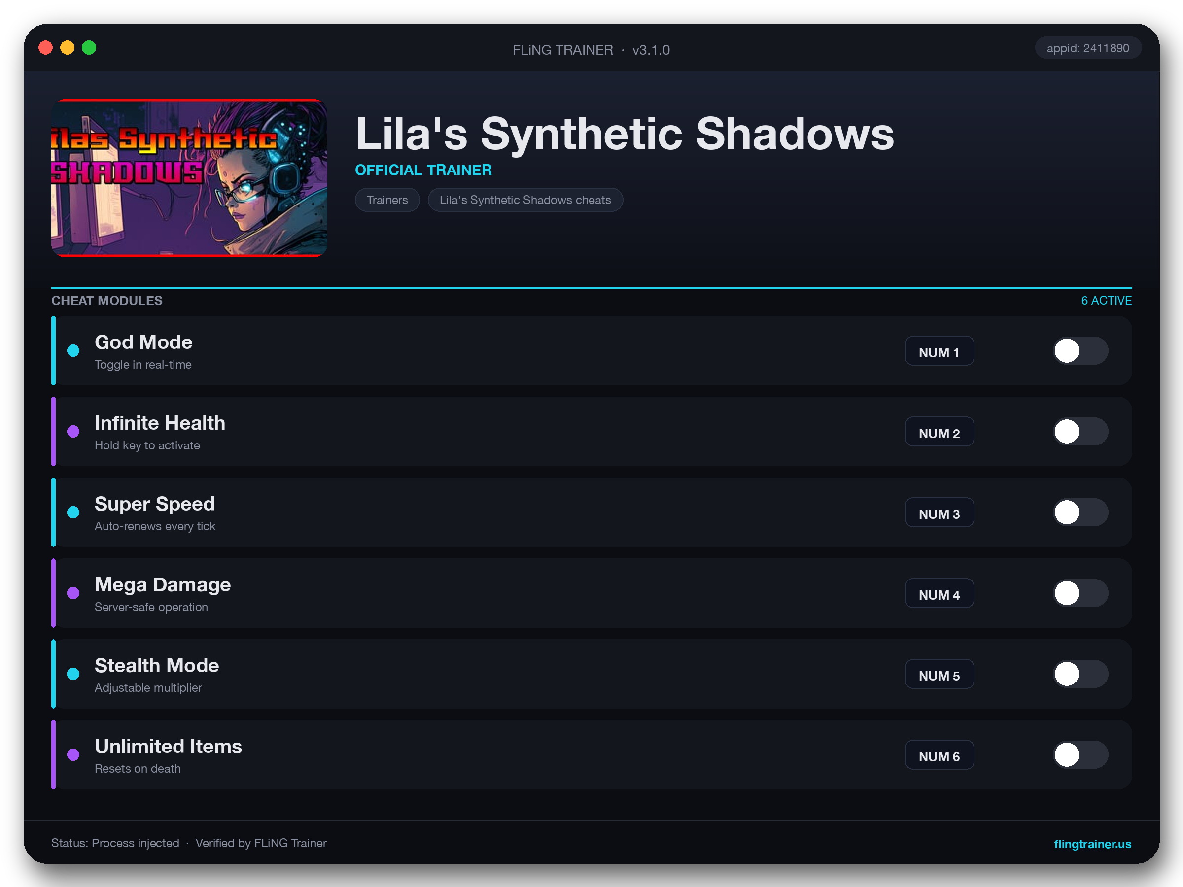 Lila's Synthetic Shadows Trainer interface