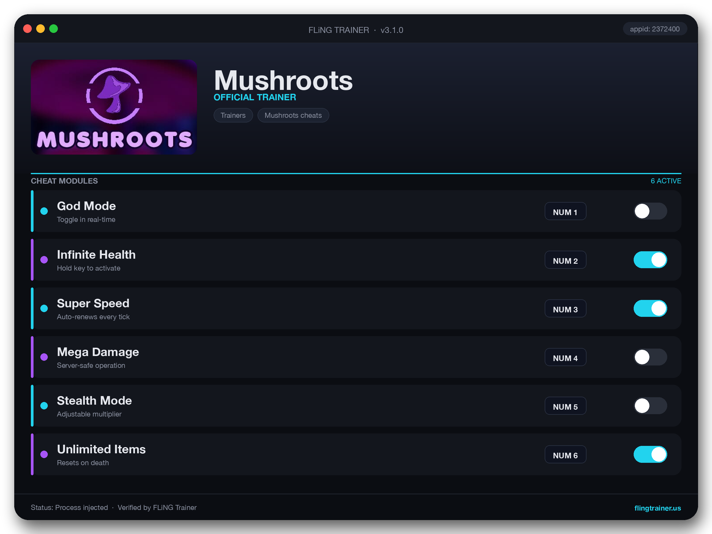 Mushroots Trainer interface