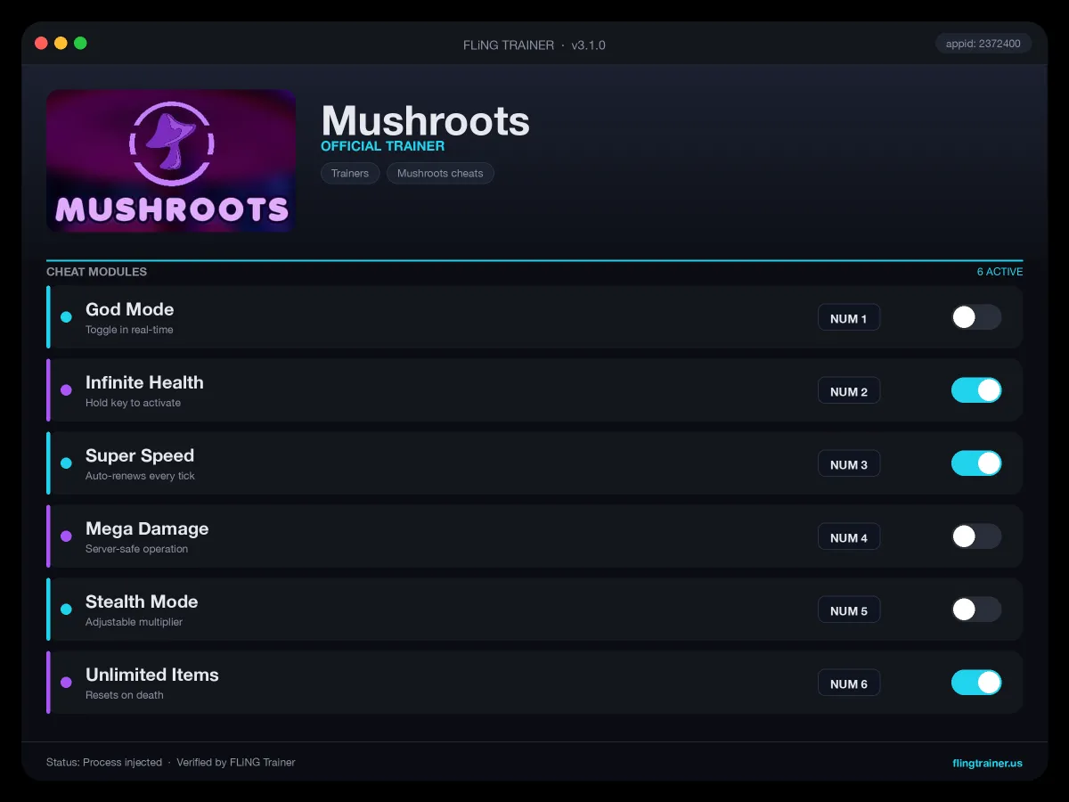 Mushroots Trainer interface