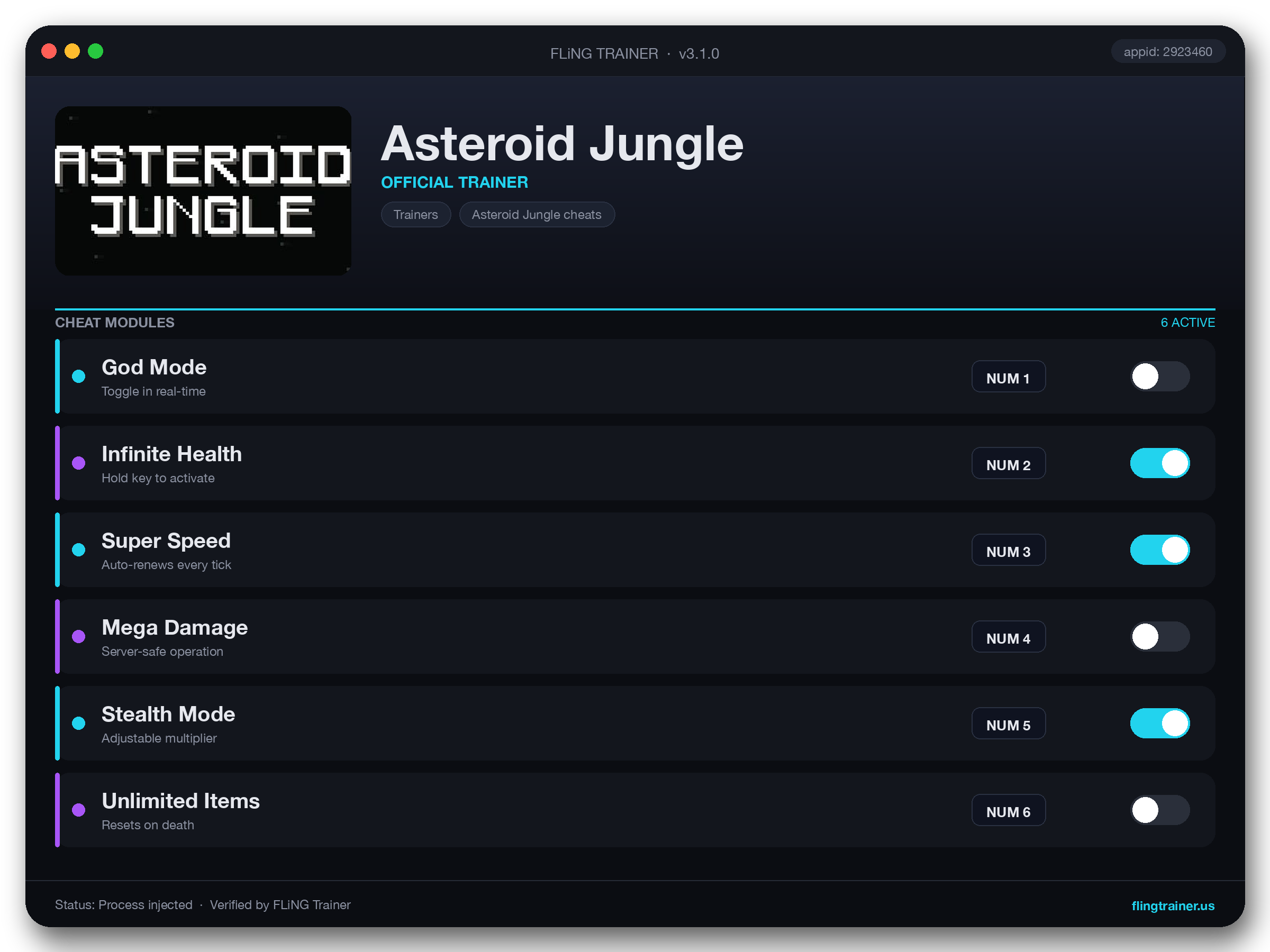 Asteroid Jungle Trainer interface