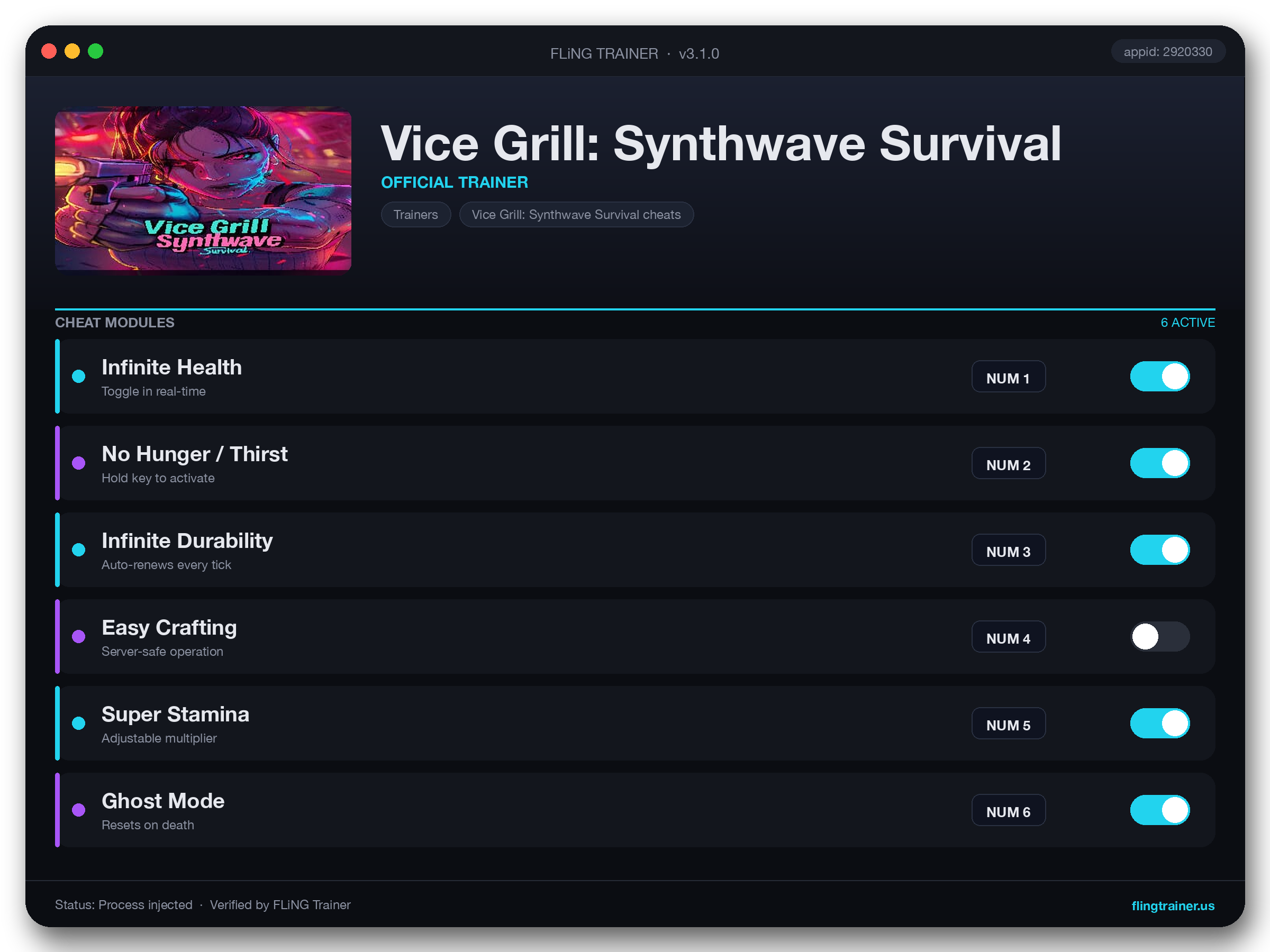 Vice Grill: Synthwave Survival Trainer interface