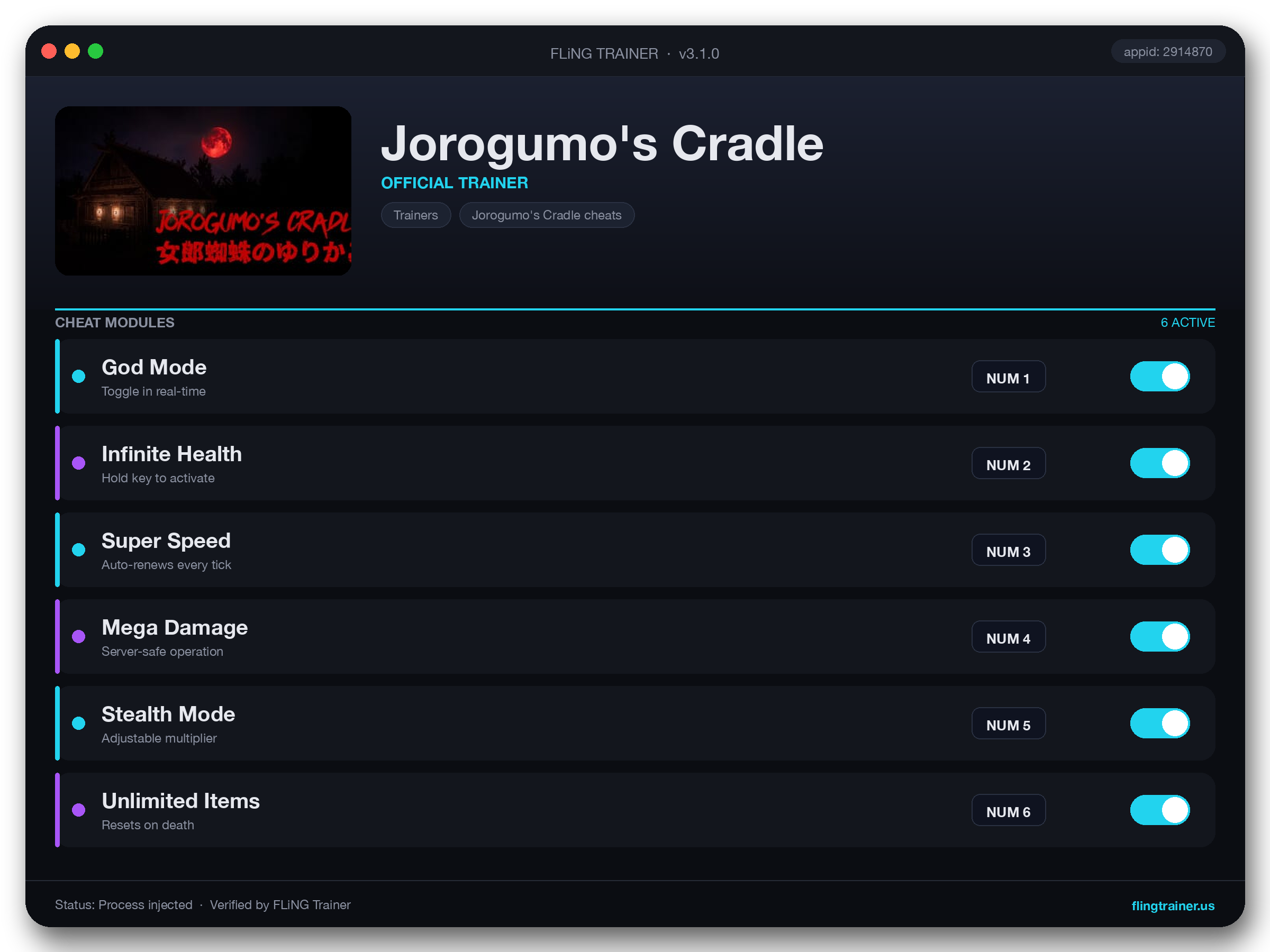 Jorogumo's Cradle Trainer interface