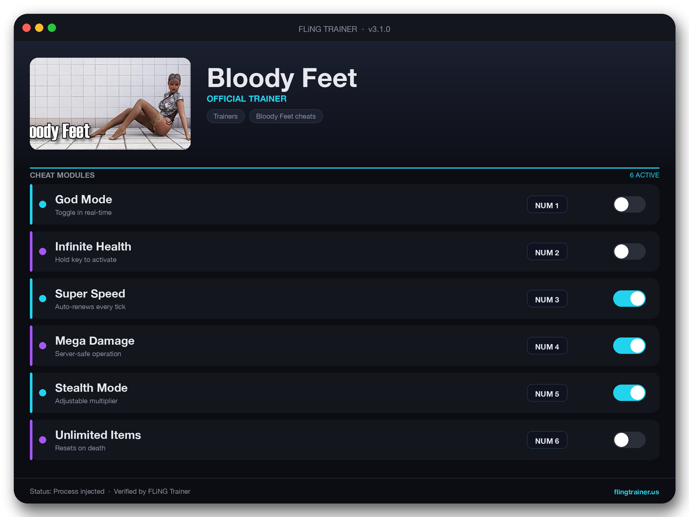 Bloody Feet Trainer interface
