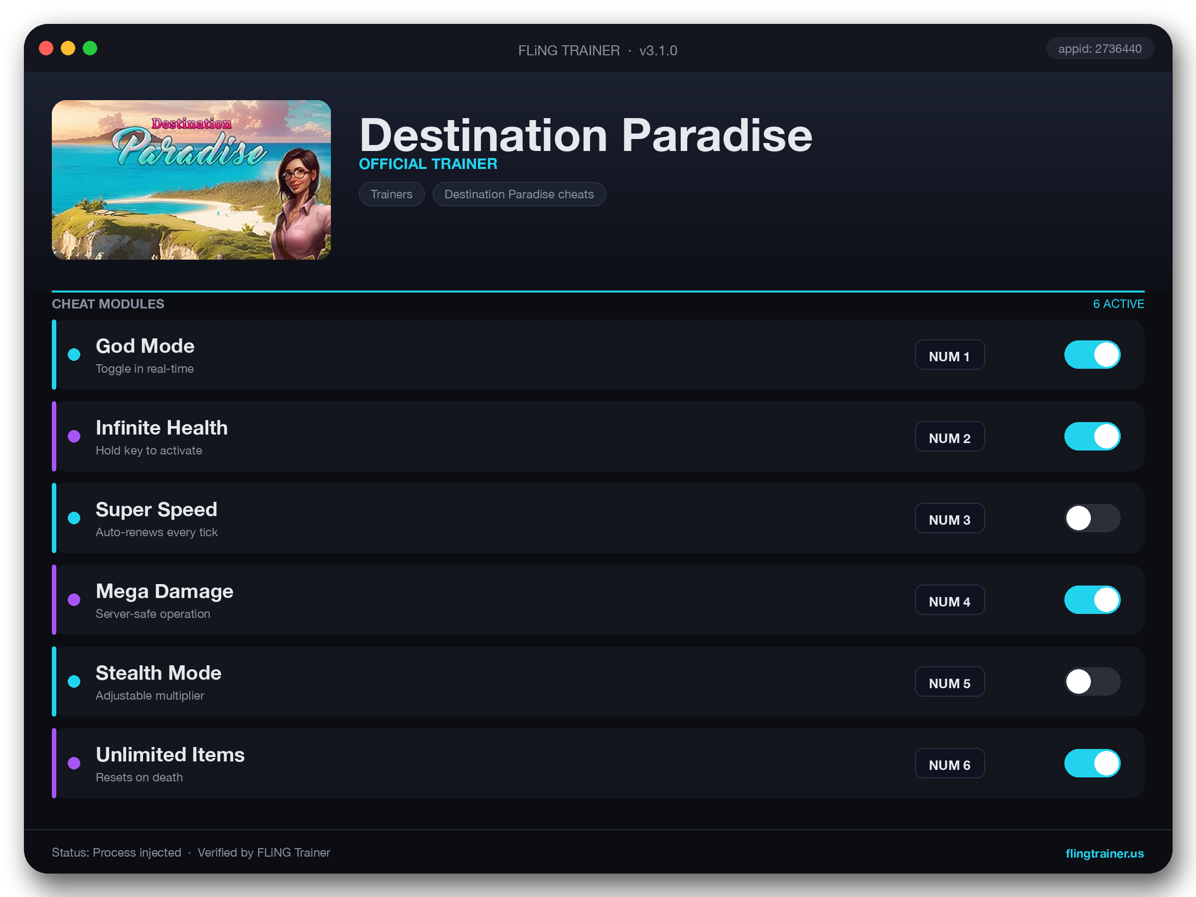 Destination Paradise Trainer interface