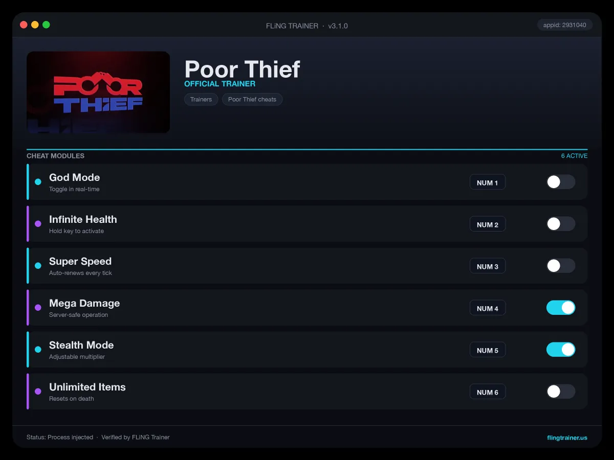 Poor Thief Trainer interface