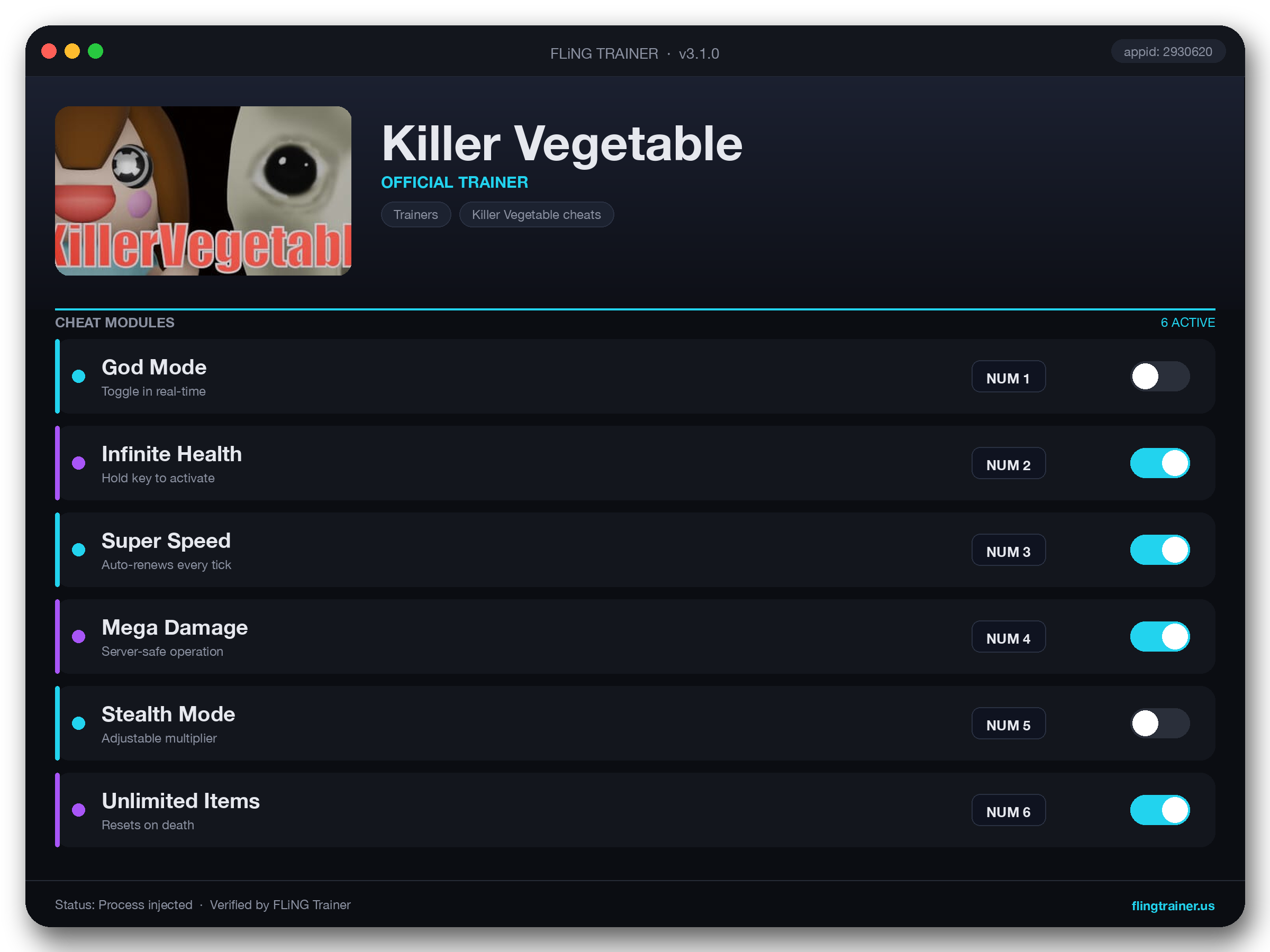 Killer Vegetable Trainer interface