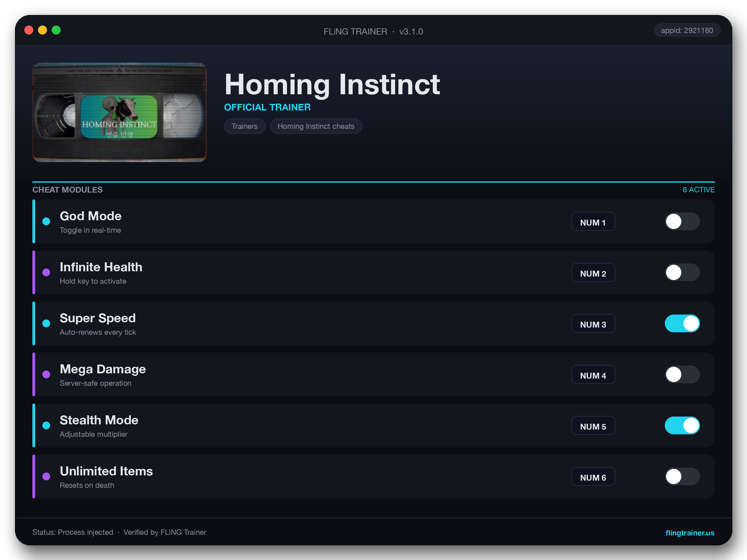 Homing Instinct Trainer interface
