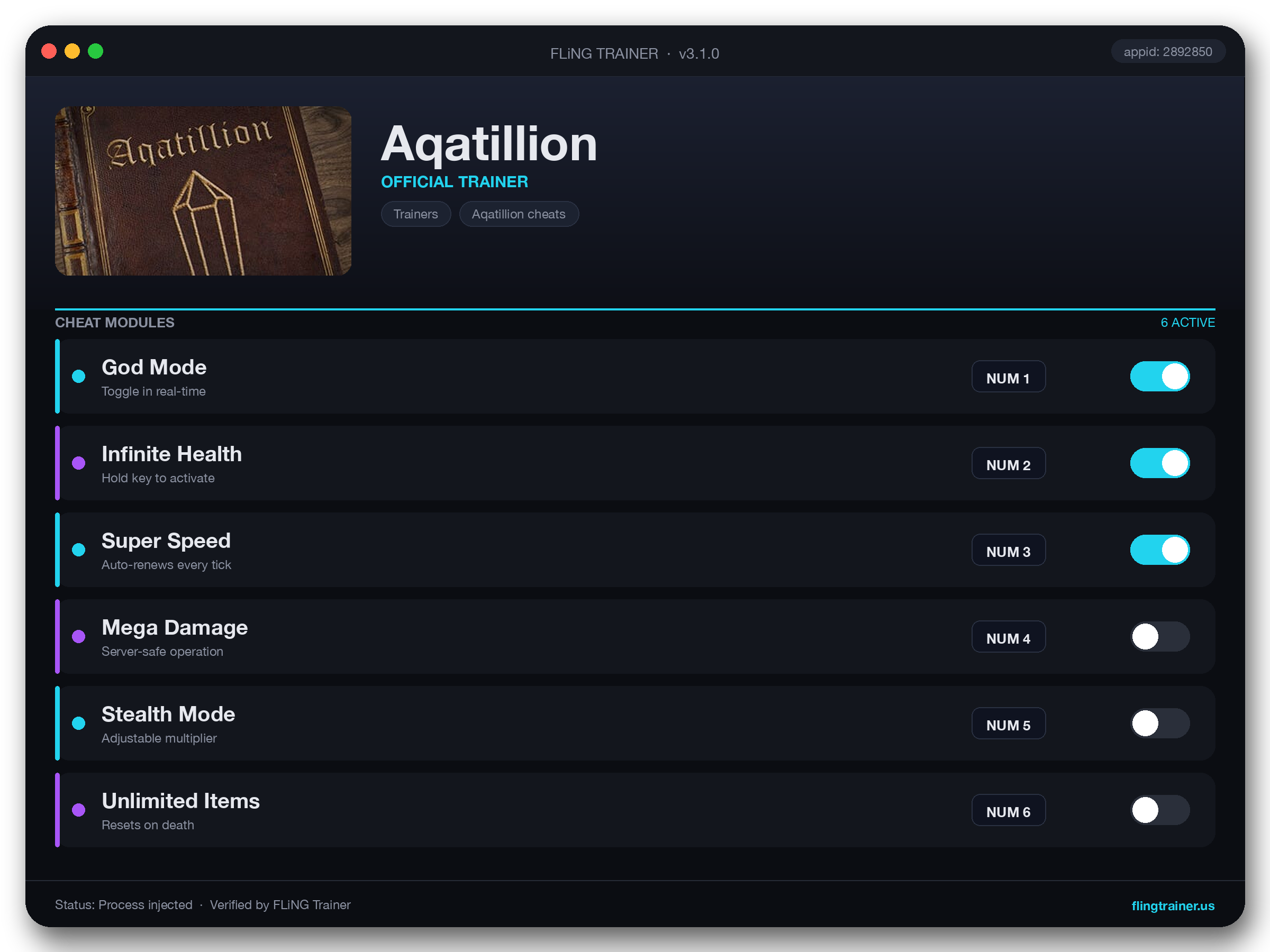 Aqatillion Trainer interface