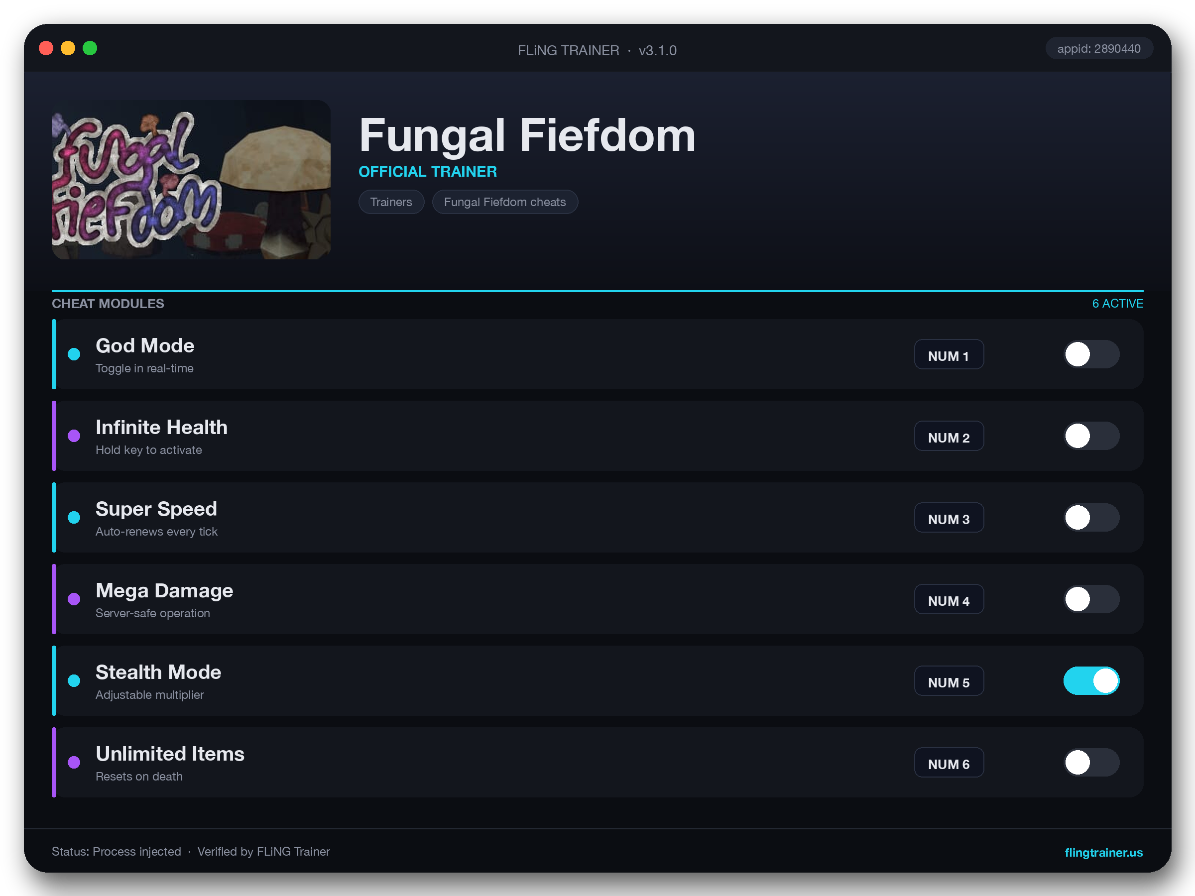 Fungal Fiefdom Trainer interface
