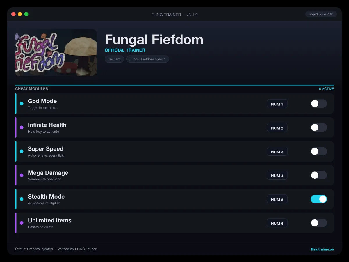 Fungal Fiefdom Trainer interface