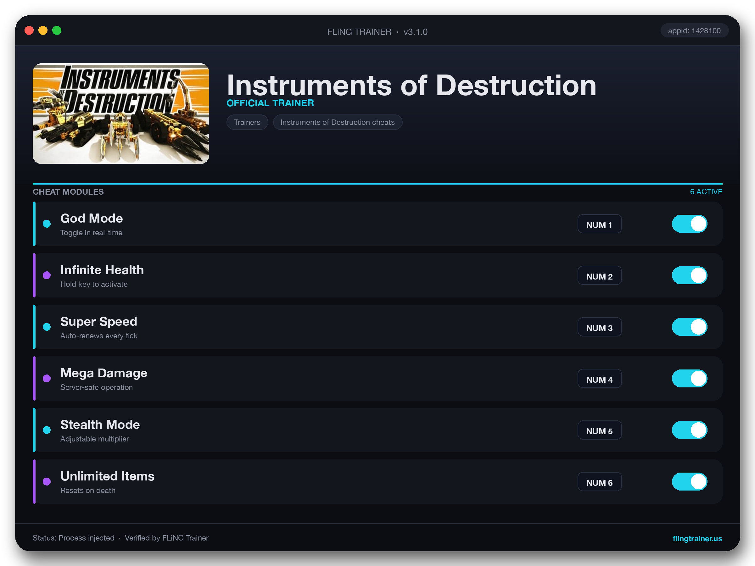 Instruments of Destruction Trainer interface