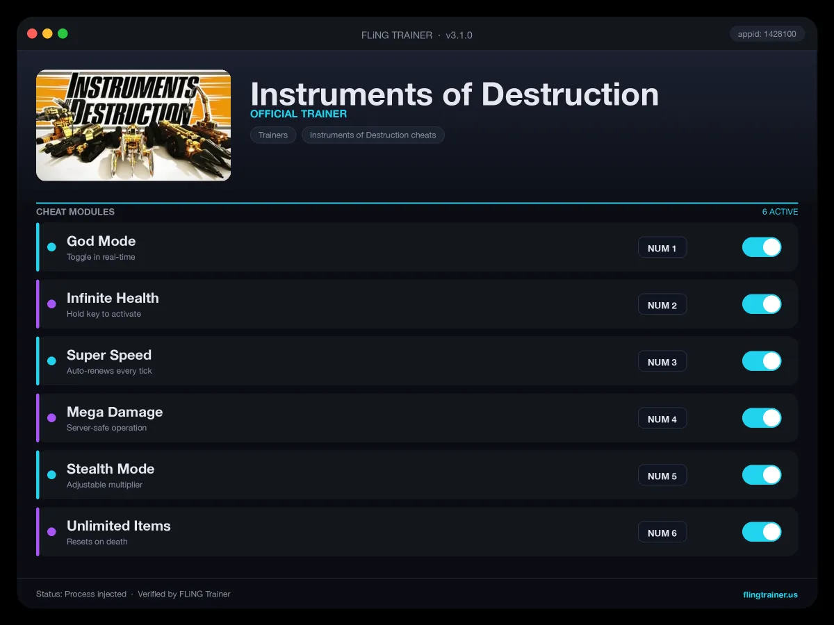 Instruments of Destruction Trainer interface
