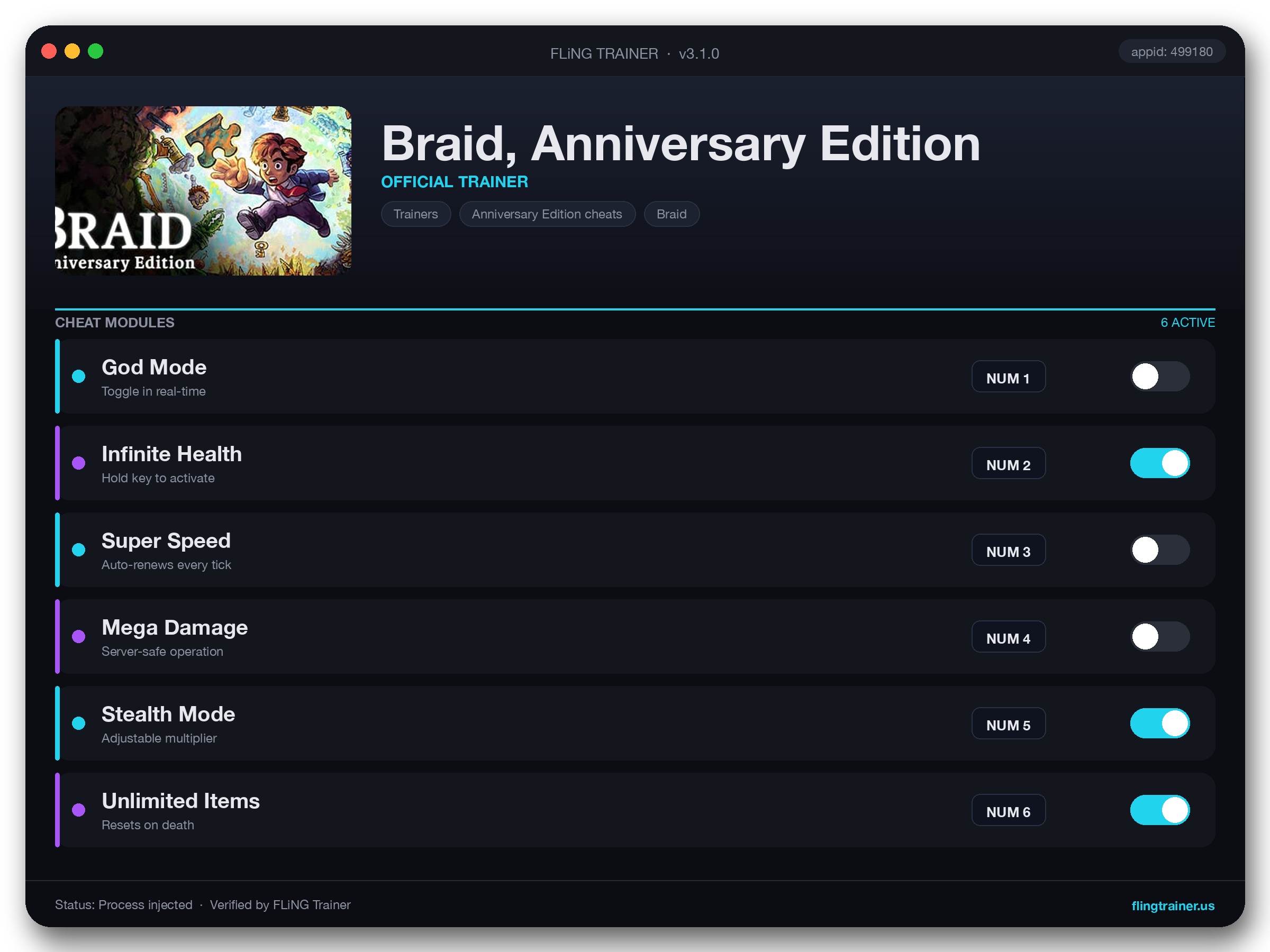 Braid, Anniversary Edition Trainer interface