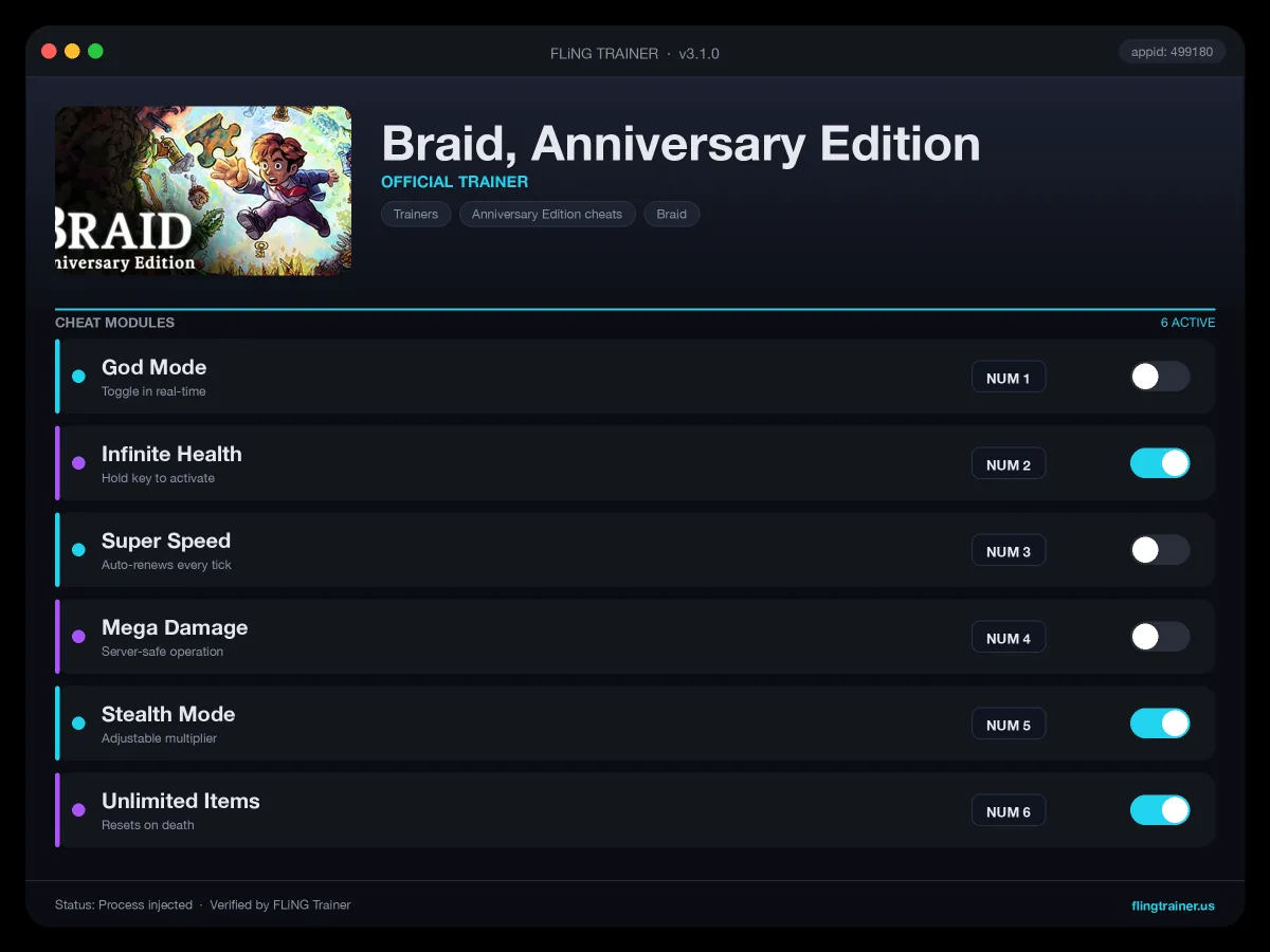 Braid, Anniversary Edition Trainer interface