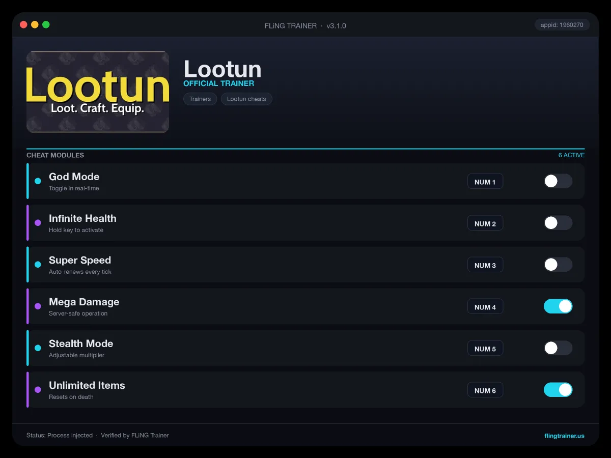 Lootun Trainer interface