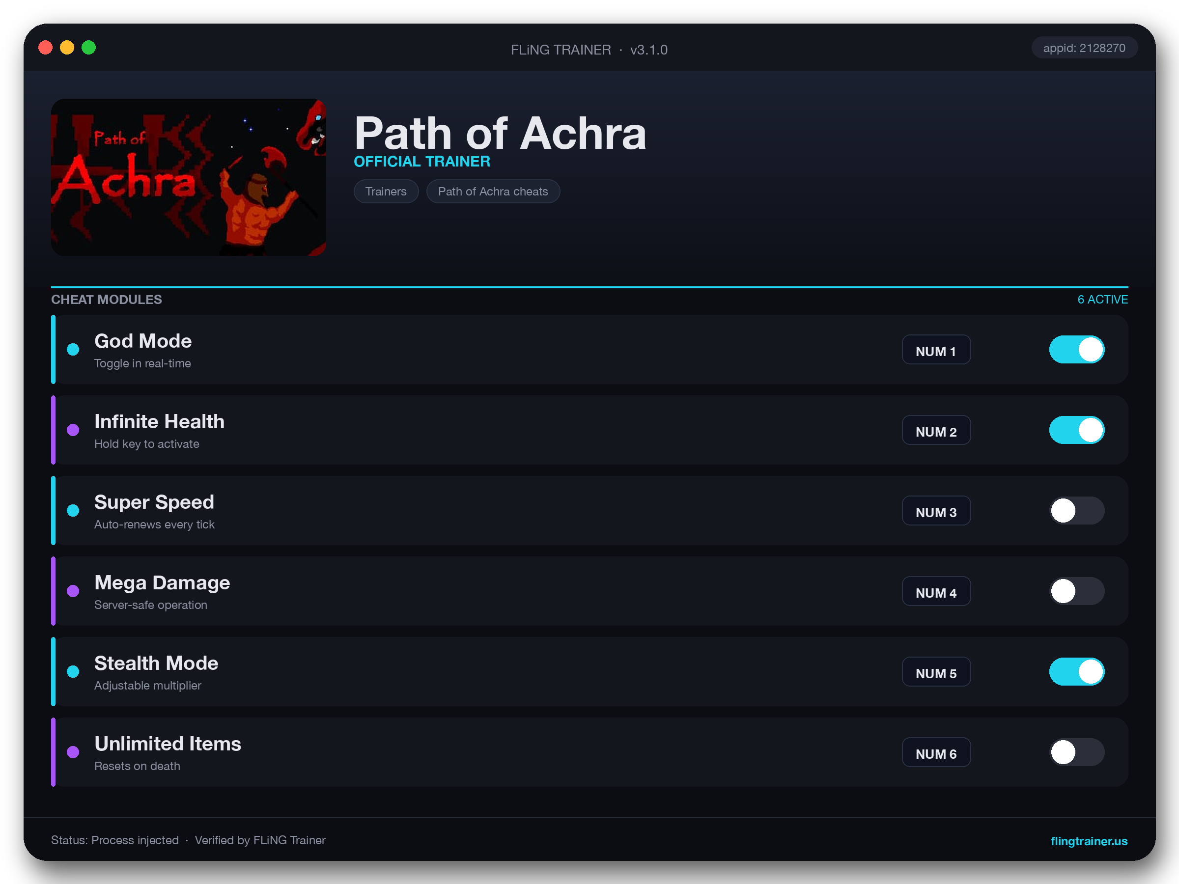 Path of Achra Trainer interface