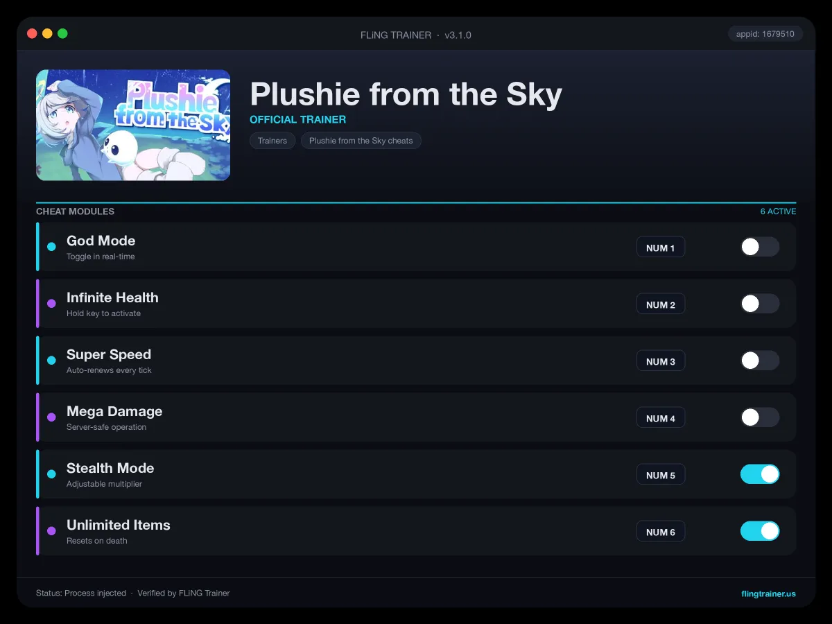 Plushie from the Sky Trainer interface