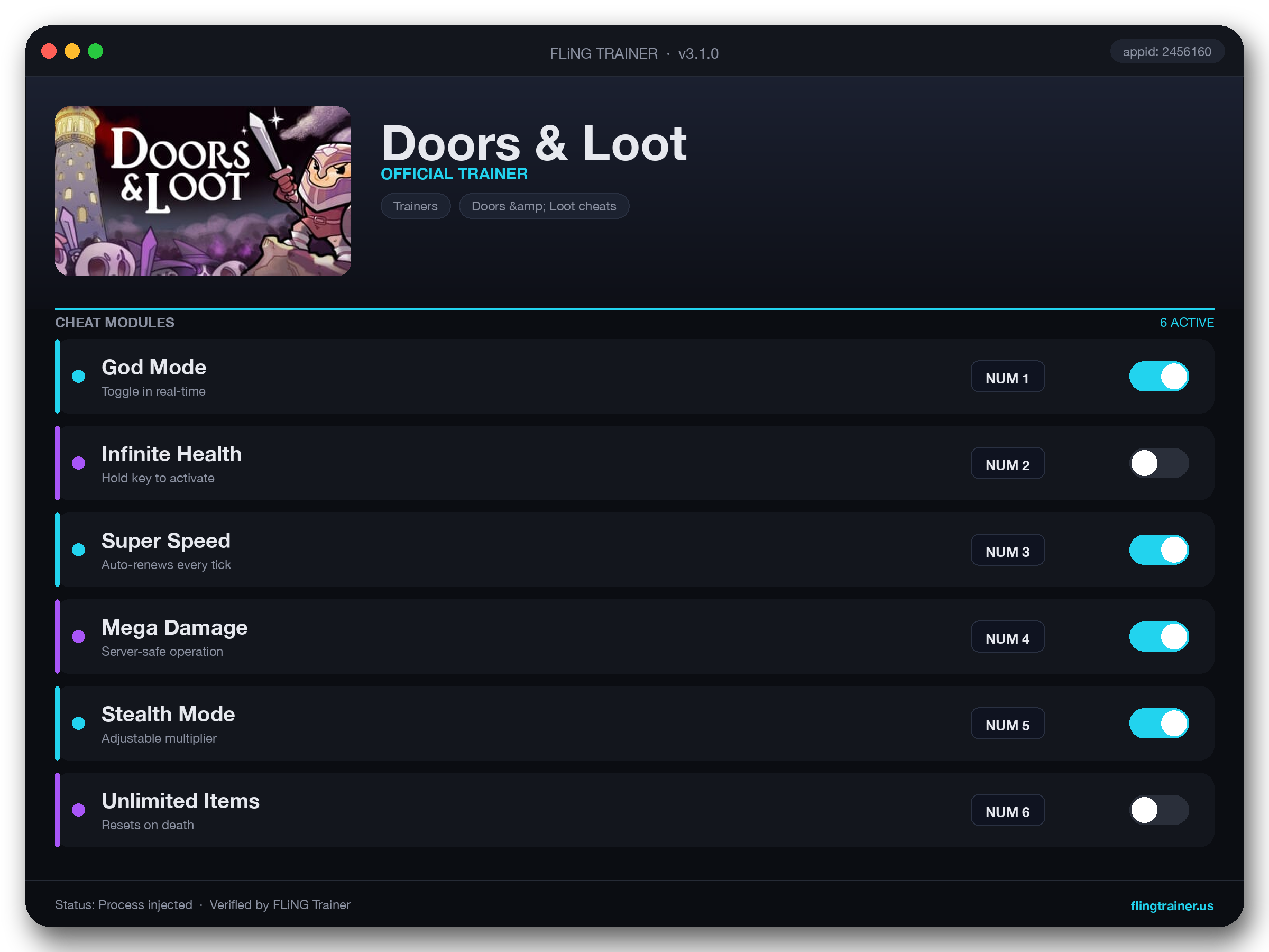 Doors & Loot Trainer interface