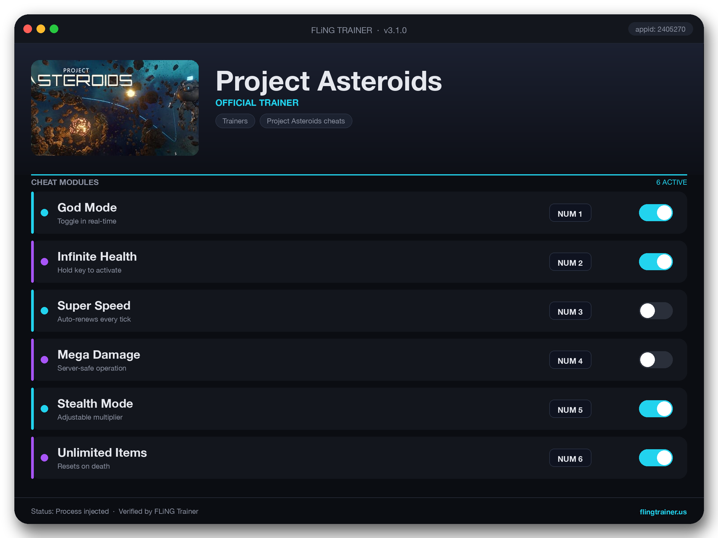 Project Asteroids Trainer interface