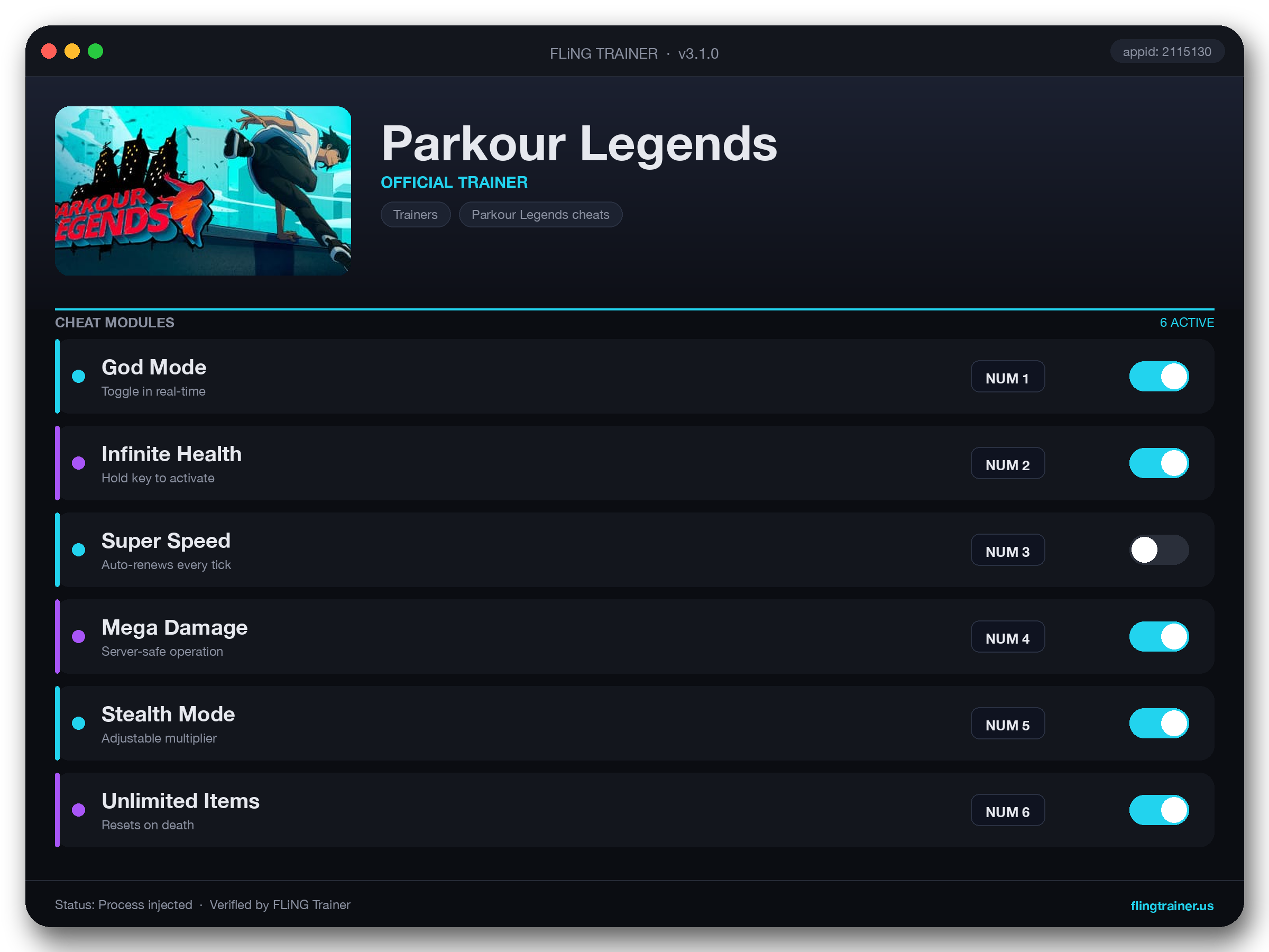 Parkour Legends Trainer interface