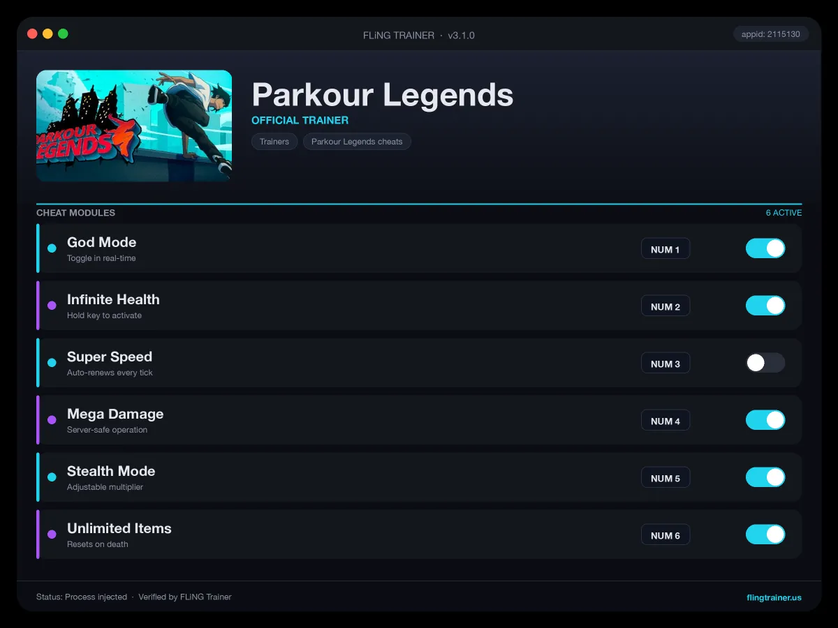 Parkour Legends Trainer interface