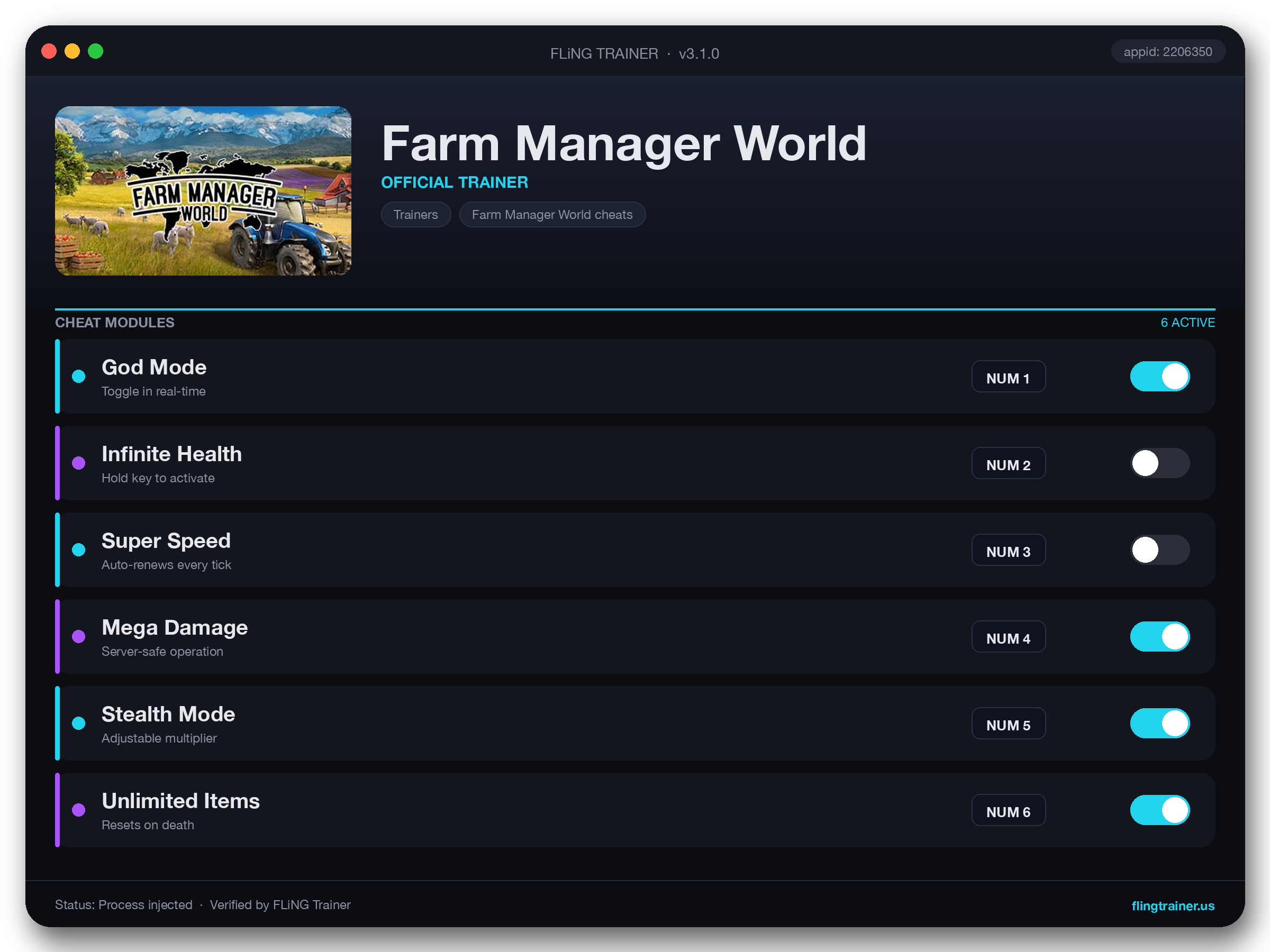 Farm Manager World Trainer interface