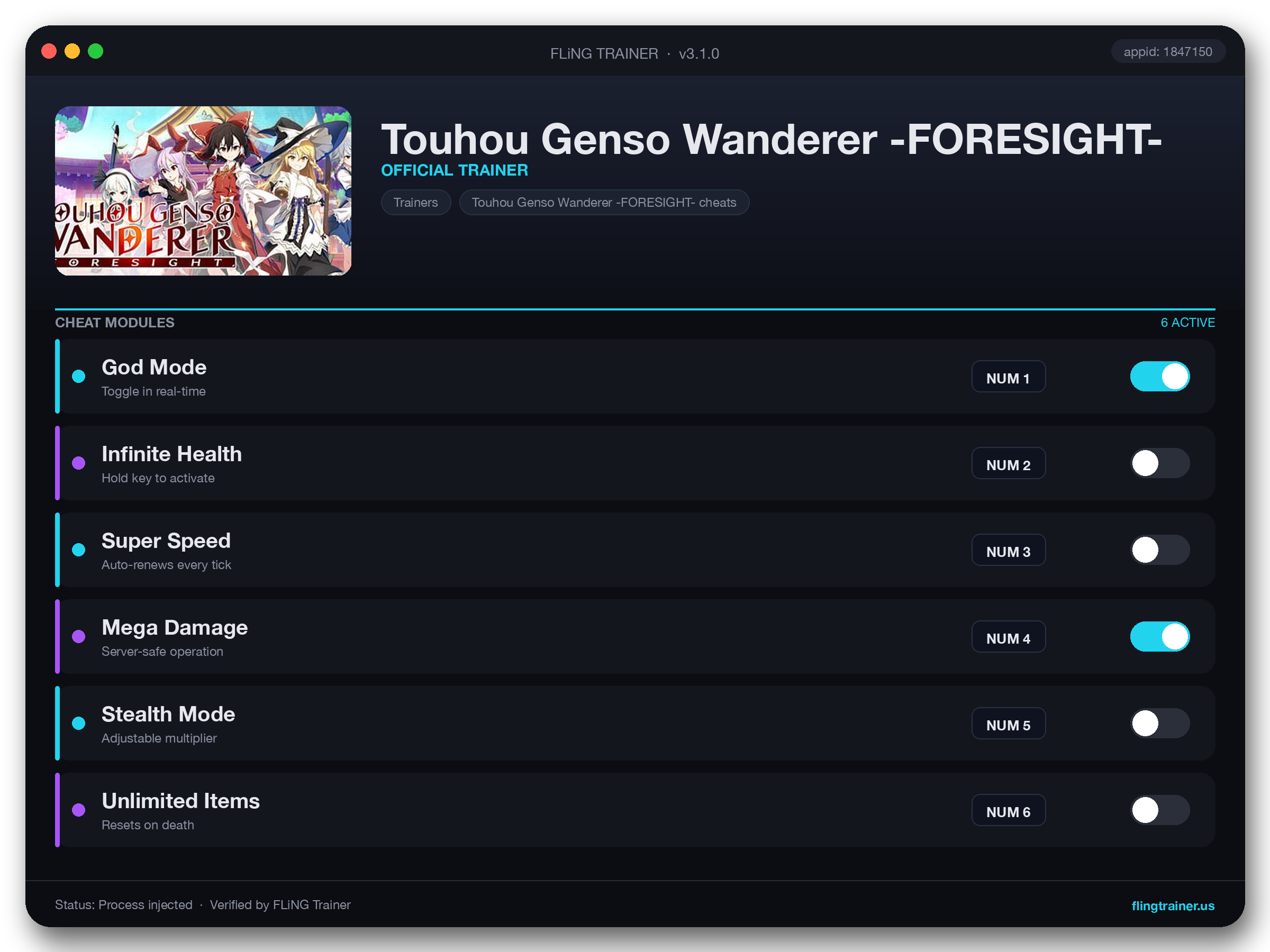 Touhou Genso Wanderer -FORESIGHT- Trainer interface