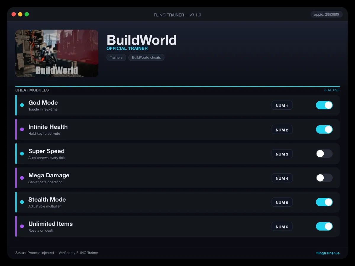 BuildWorld Trainer interface
