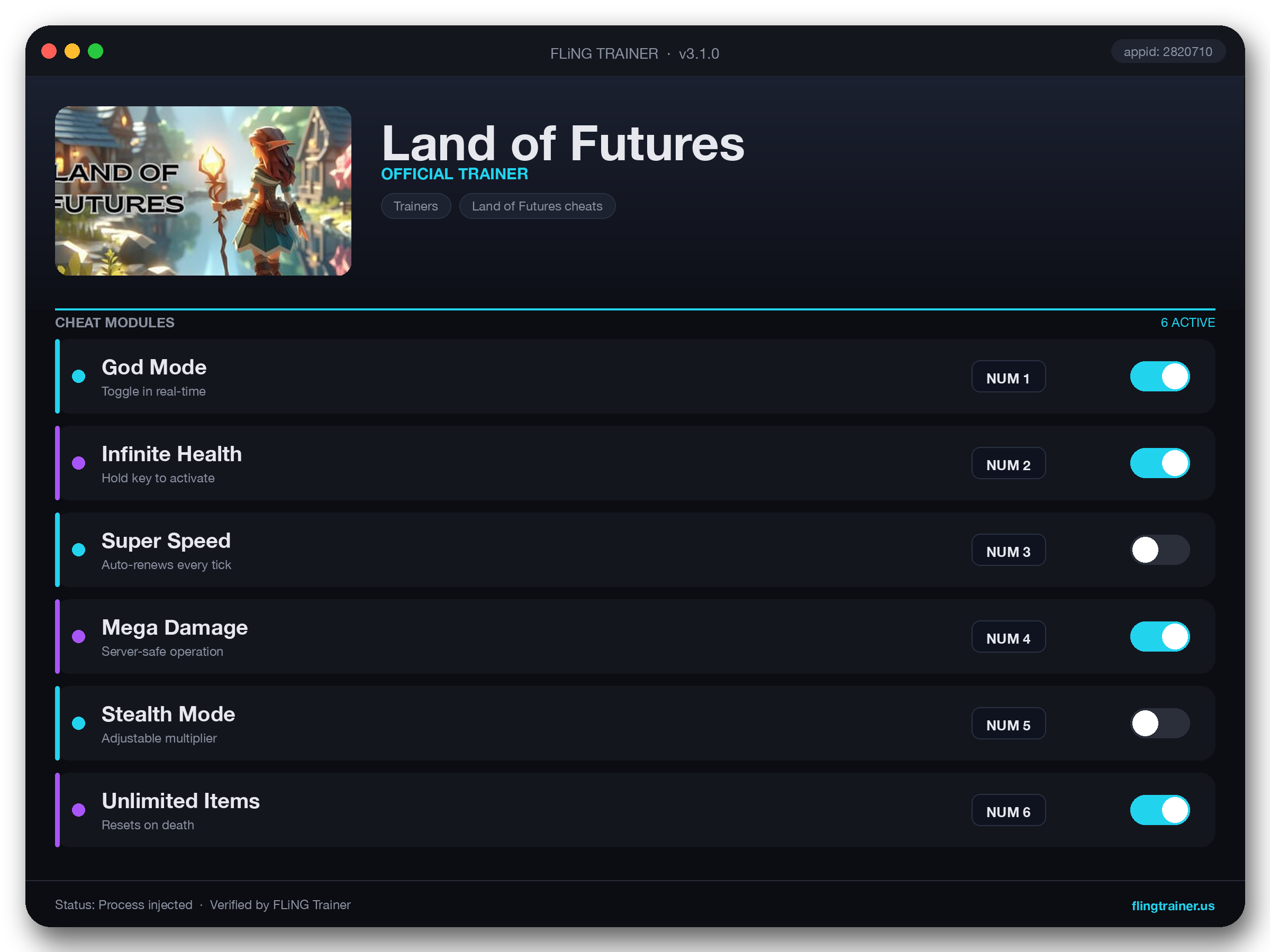 Land of Futures Trainer interface