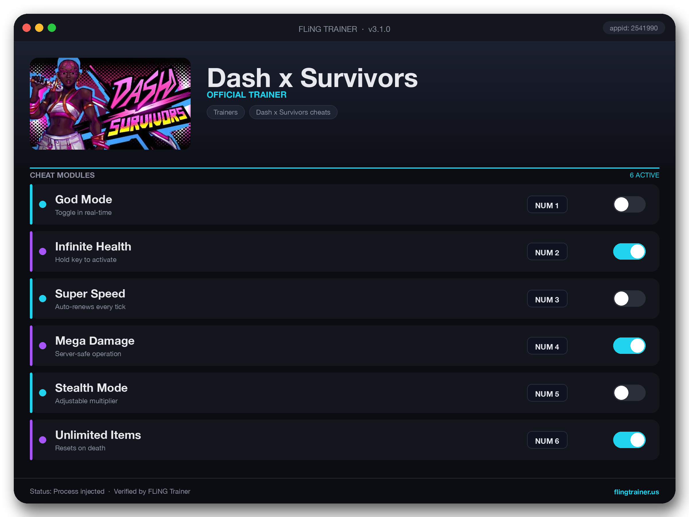 Dash x Survivors Trainer interface