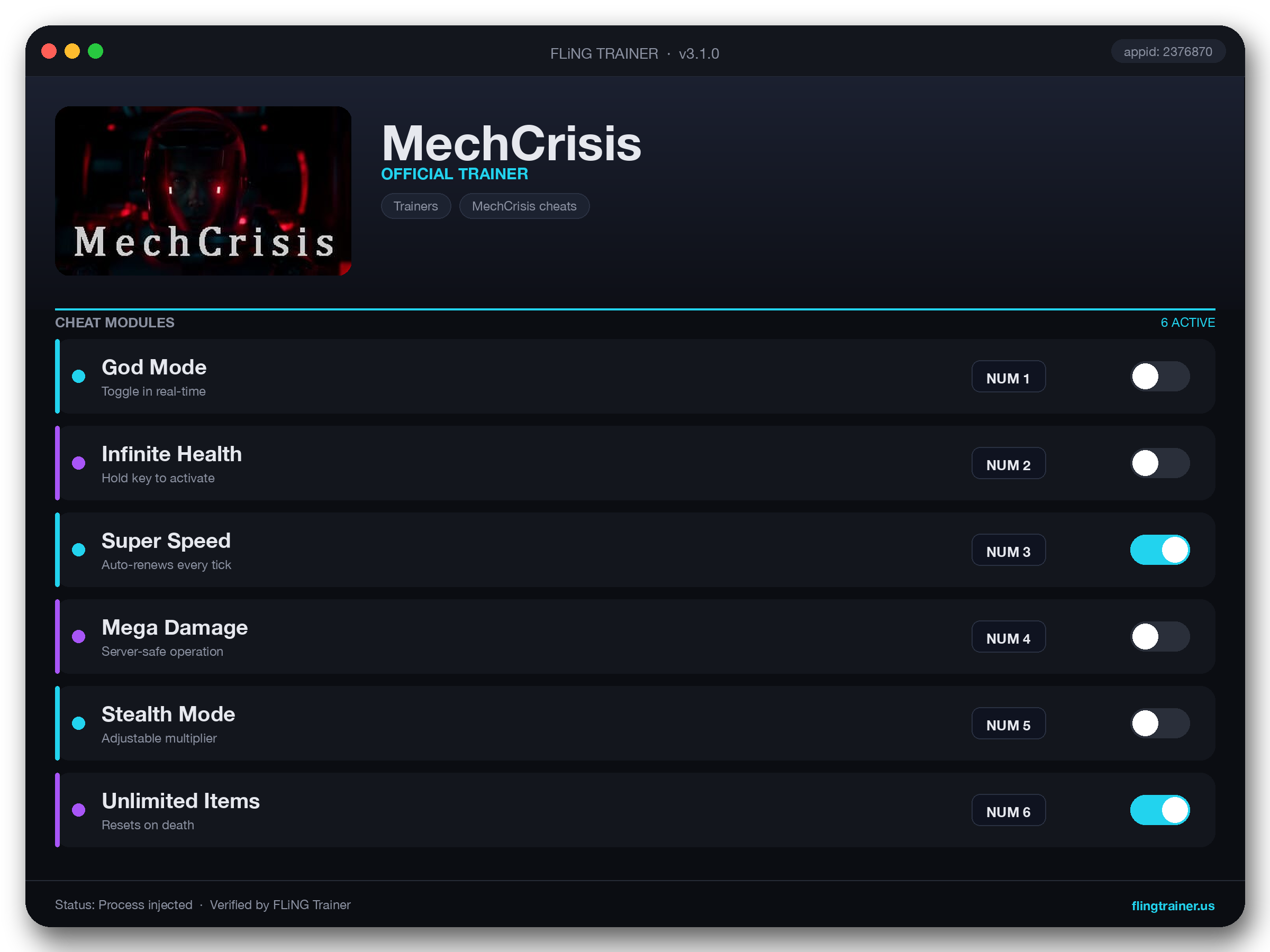 MechCrisis Trainer interface