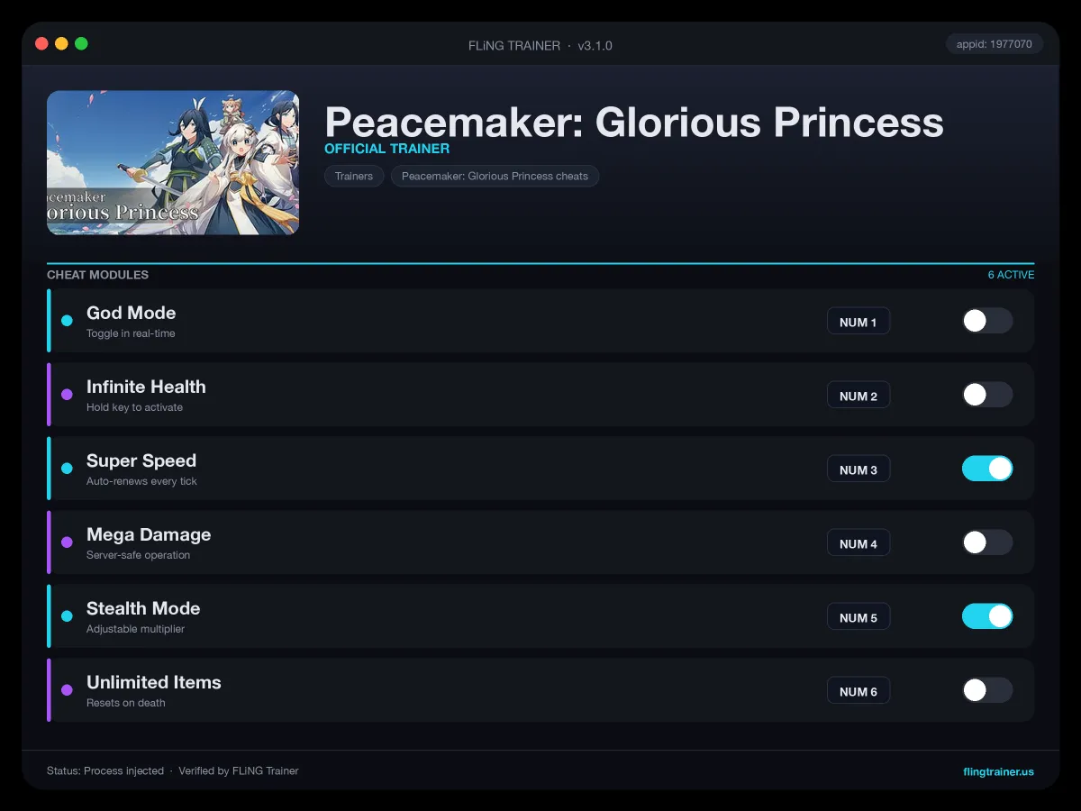 Peacemaker: Glorious Princess Trainer interface