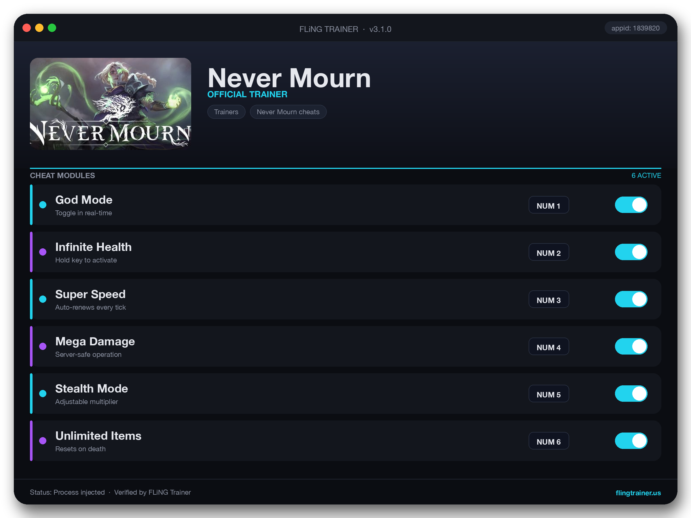 Never Mourn Trainer interface