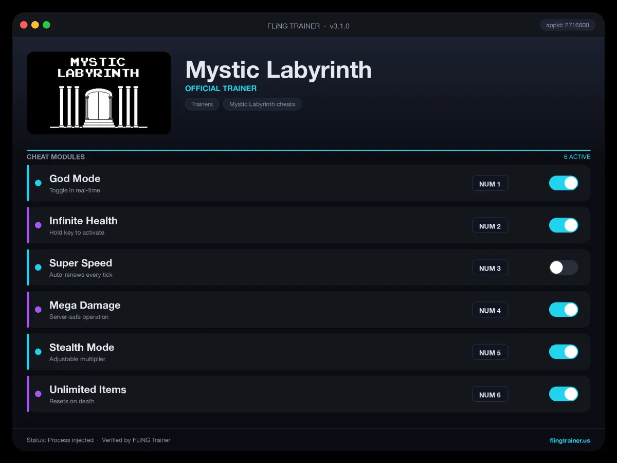 Mystic Labyrinth Trainer interface