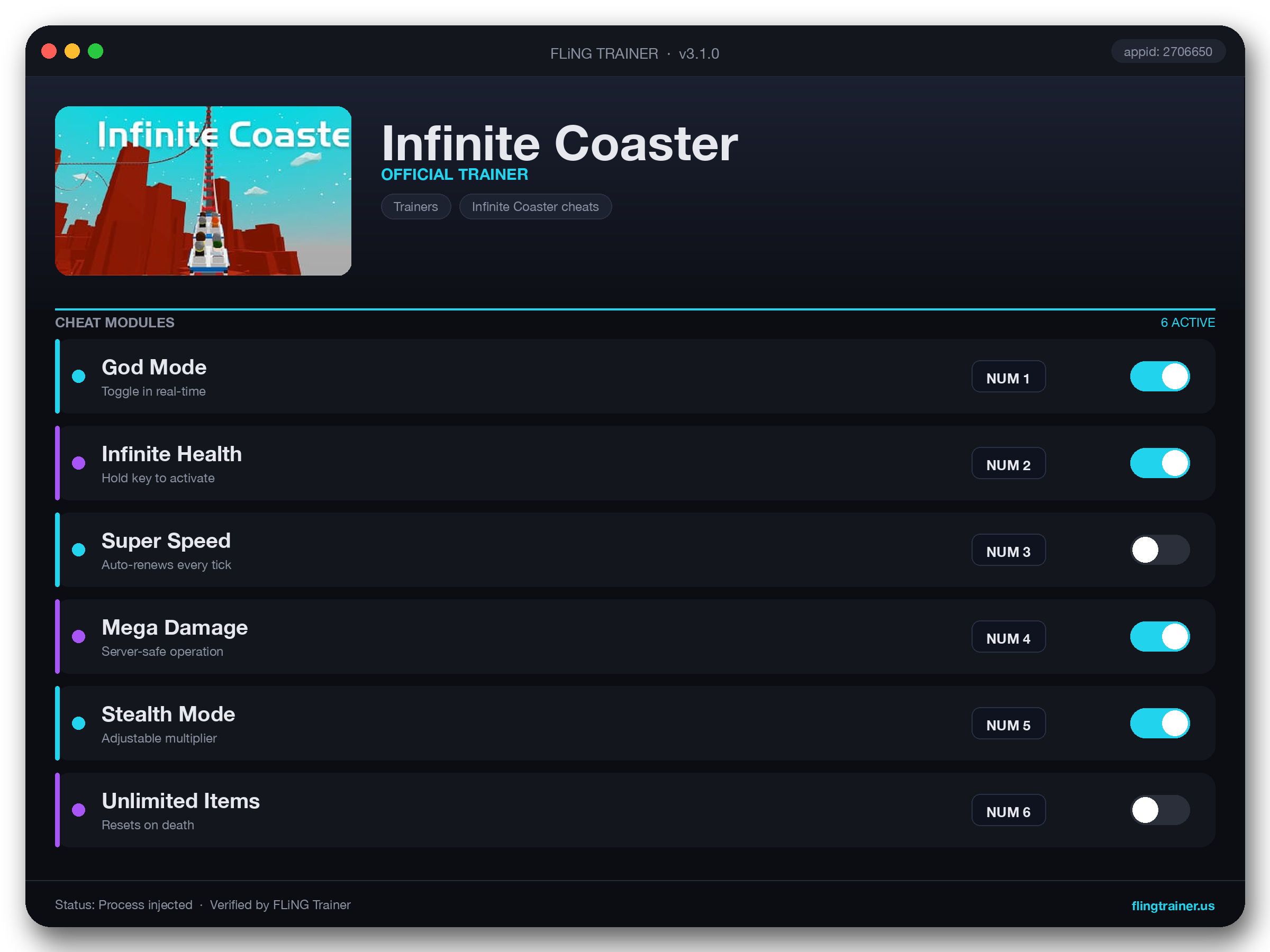 Infinite Coaster Trainer interface